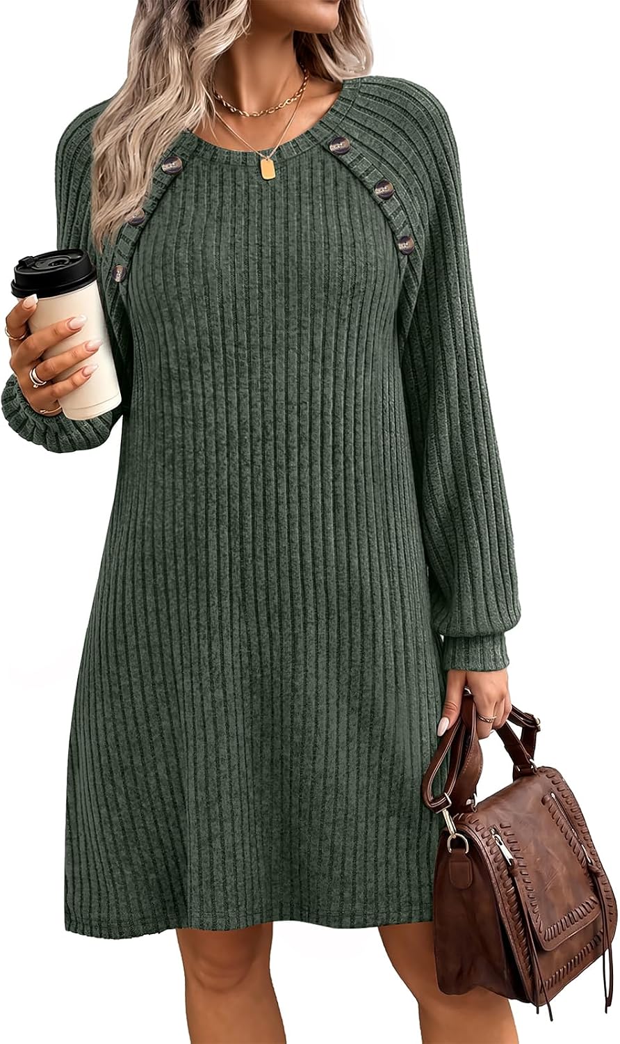 Thumbnail 1 de OFEEFAN OFE-WDR9356 Women's Ribbed Knit Dress with Pockets and Button Detail