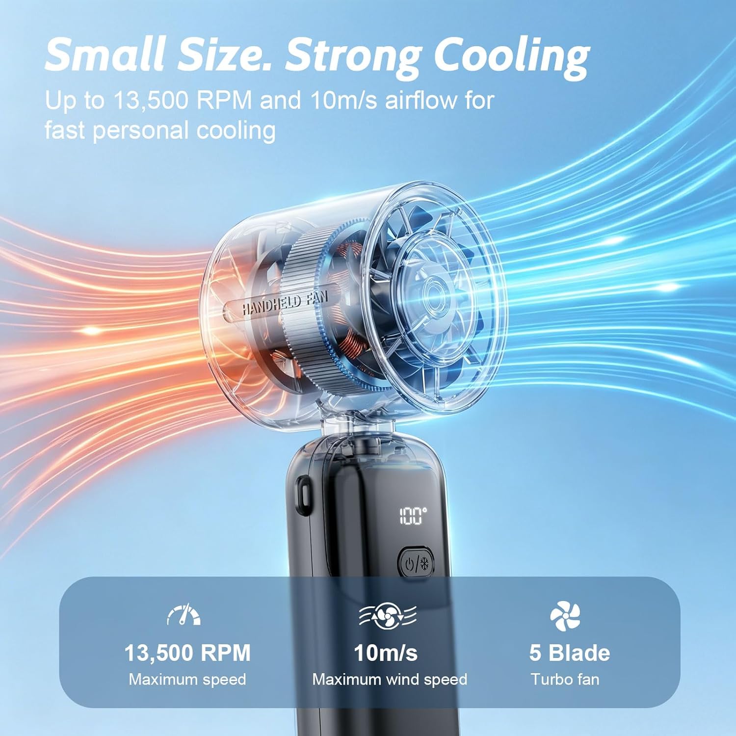 Detalle de 3-in-1 Handheld Fan Portable: 5000mAh Rechargeable Personal Fan with 100-Level Turbo Cooling