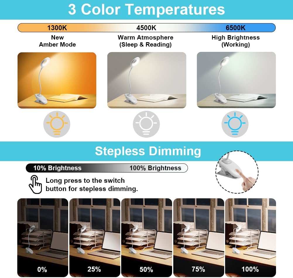 Thumbnail 1 de URAQT Lampada da Lettura a Clip: lampada da tavolo LED con controllo touch e dimmer, 3 temperature di colore, 360° e USB