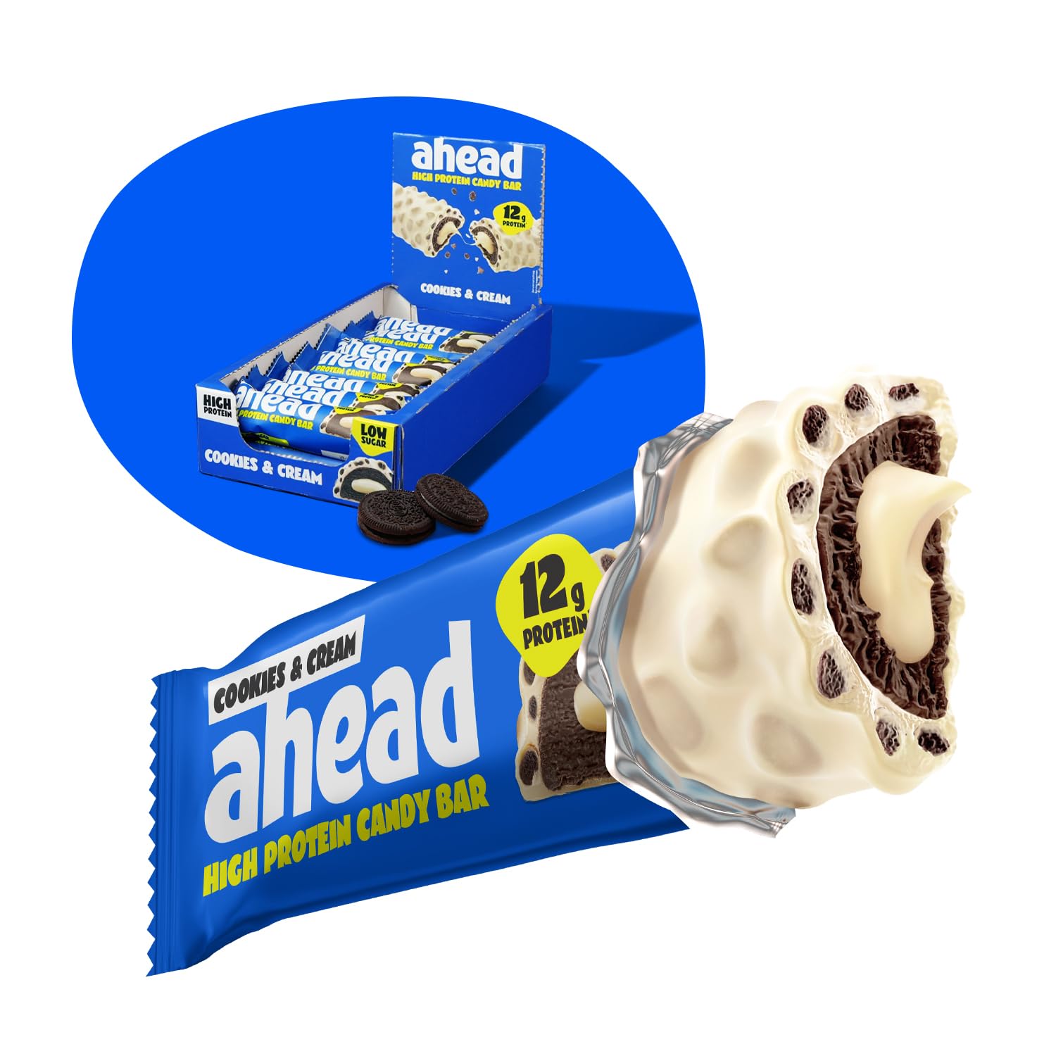 Detalle de ahead Protein Riegel Cookies & Cream – 14x45 g, Extra softer, Low Carb & ohne Zuckerzusatz