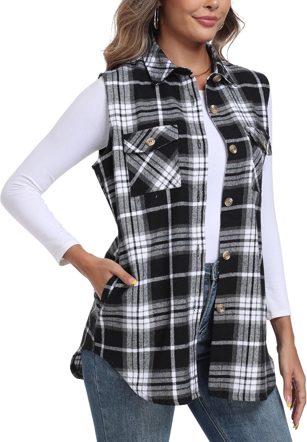 Detalle 2 de MoFiz Women's Plaid Vest, Cotton Blend