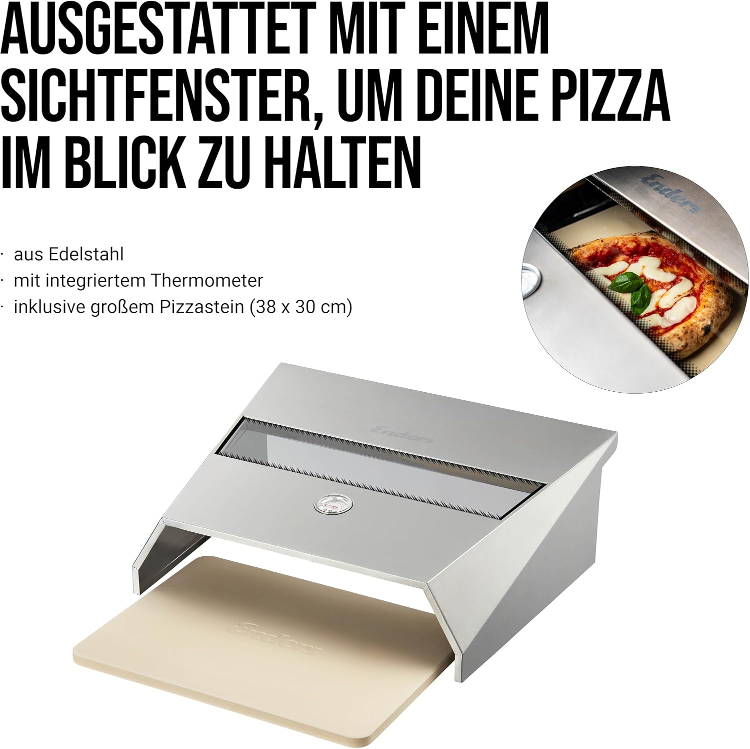 Detalle de Enders Pizzacover Turbo 7881 voor gasbarbecue, met pizzasteen en kijkvenster
