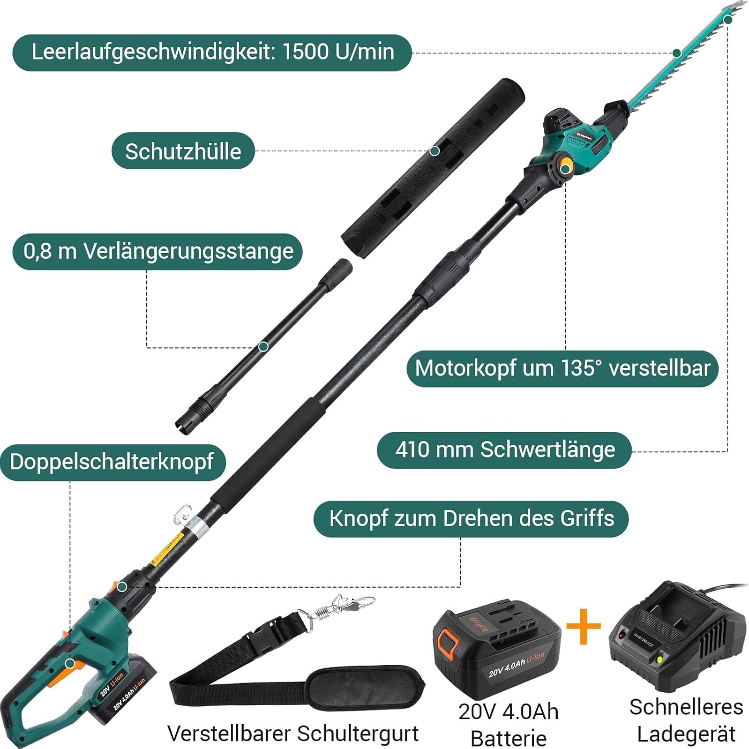Thumbnail 2 de TLGREEN Tagliasiepi telescopico a batteria 20V 4Ah con lama 45 cm e testa pivotante a 7 posizioni