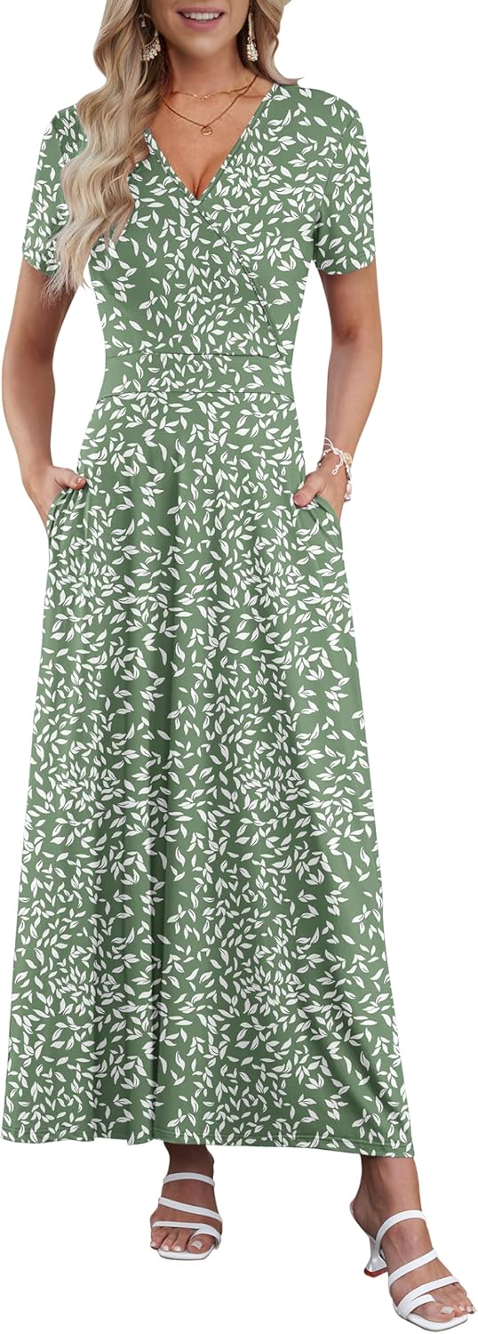 Detalle de Robe Longue Femme AUSELILY – Col en V, manches courtes, taille haute, poches