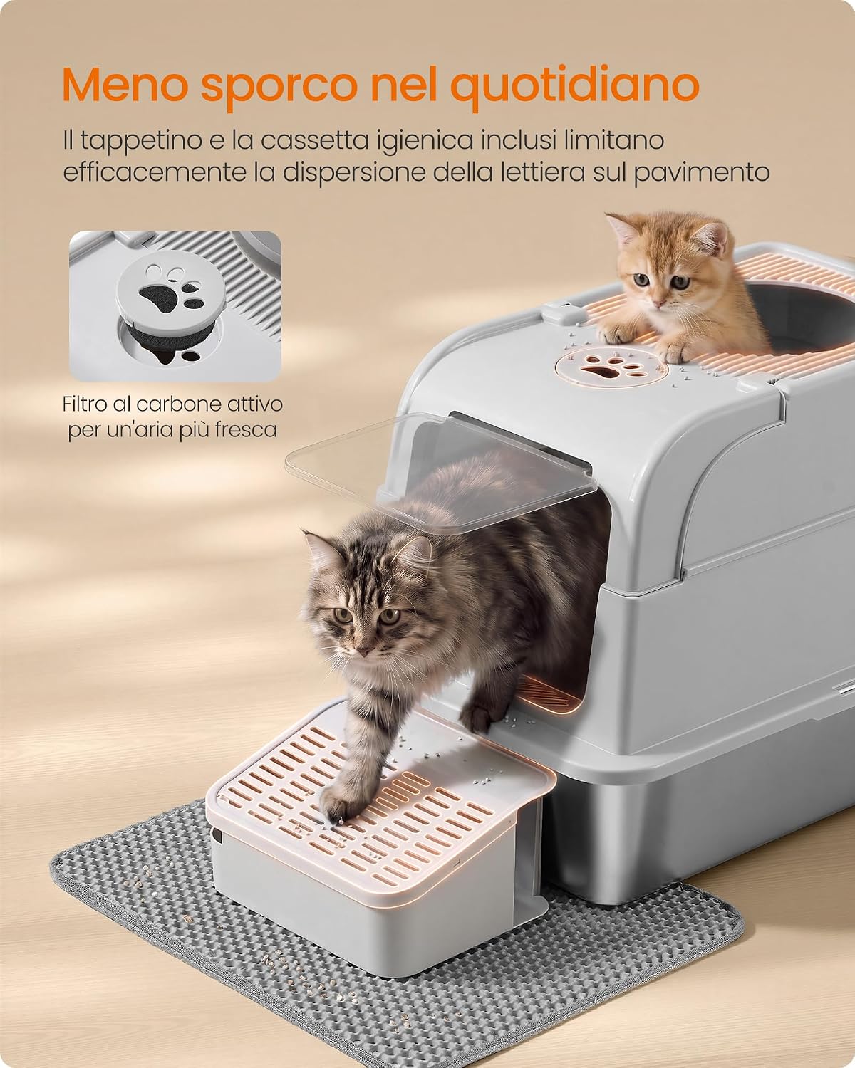 Thumbnail 6 de Feandrea Lettiera per Gatti in Acciaio Inox con Coperchio: lettiera chiusa, 2 ingressi e kit completo