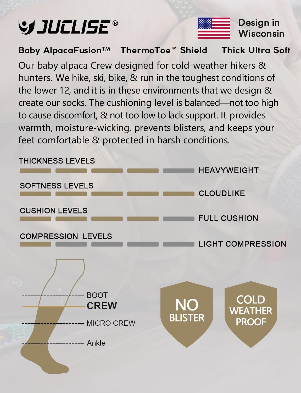 Thumbnail 5 de Juclise Baby Alpaca Wool Hiking Socks, Heavyweight Fleece, Cushioned Footbed