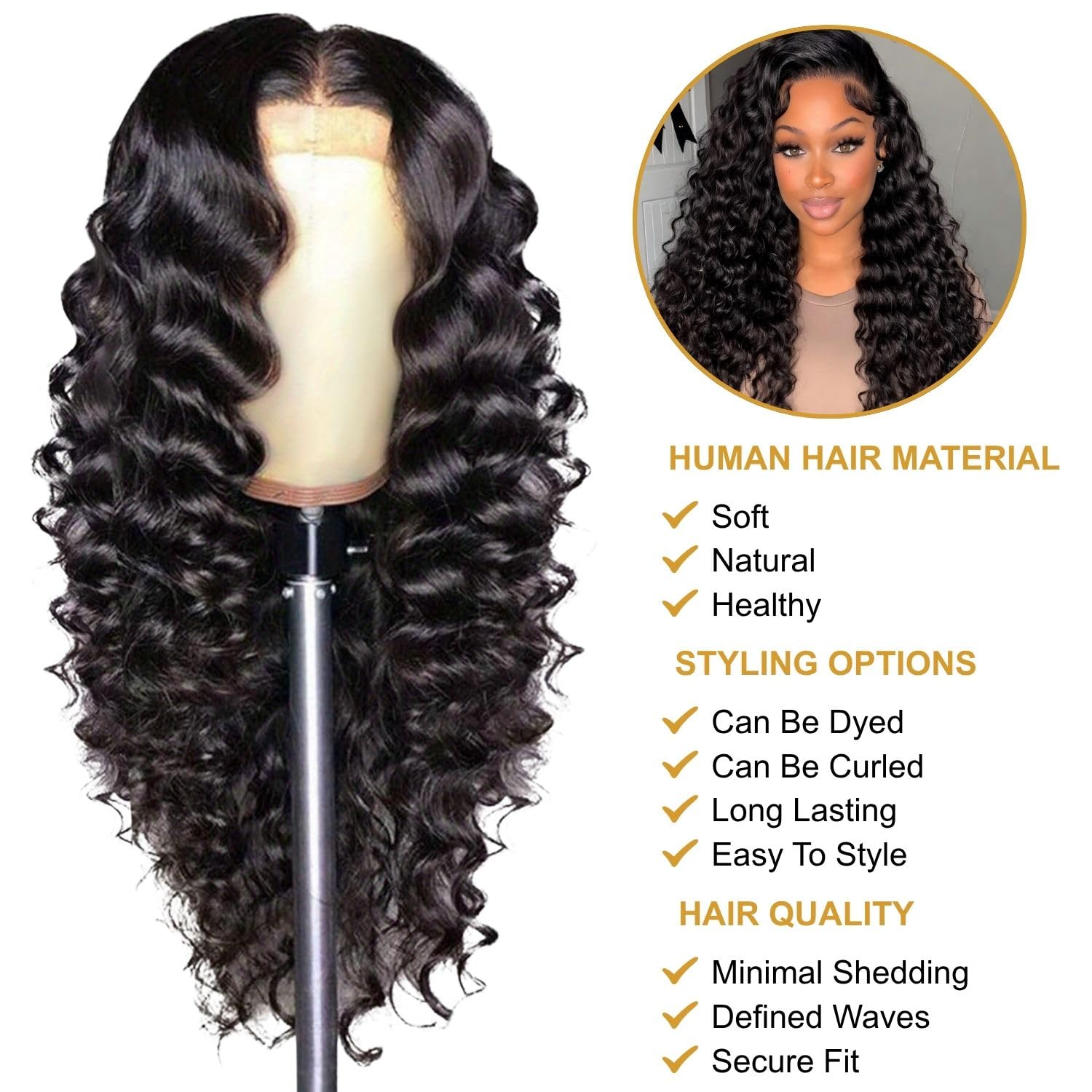 Detalle 2 de PYY Deep Wave Lace Front Wig Human Hair 13x4 HD Lace, 18 Inch