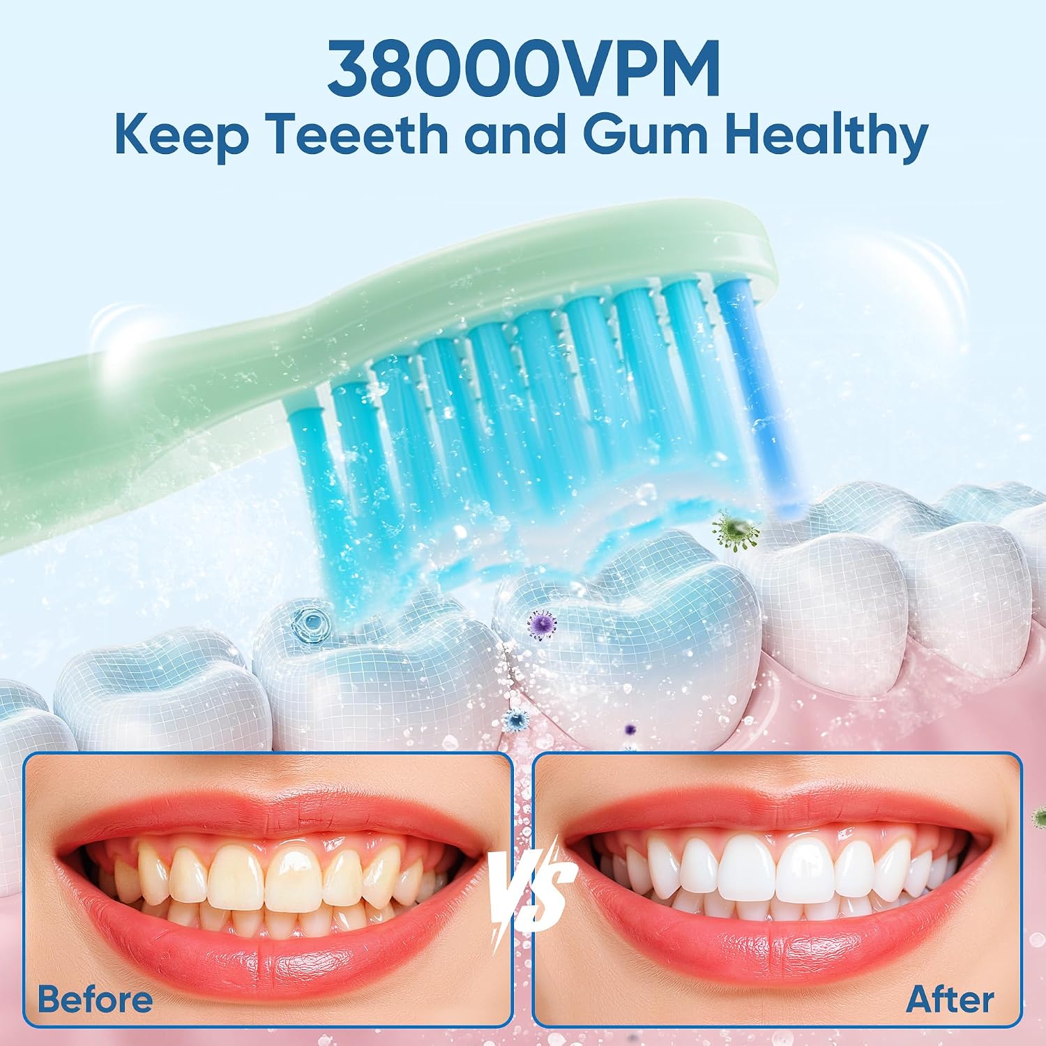 Thumbnail 2 de Yoomue Sonic Electric Toothbrush for Adults & Kids — 5 Modes, 8 Replacement Heads, 2.5-Hour Fast Charge, IPX7, 35-Day Battery (Green)