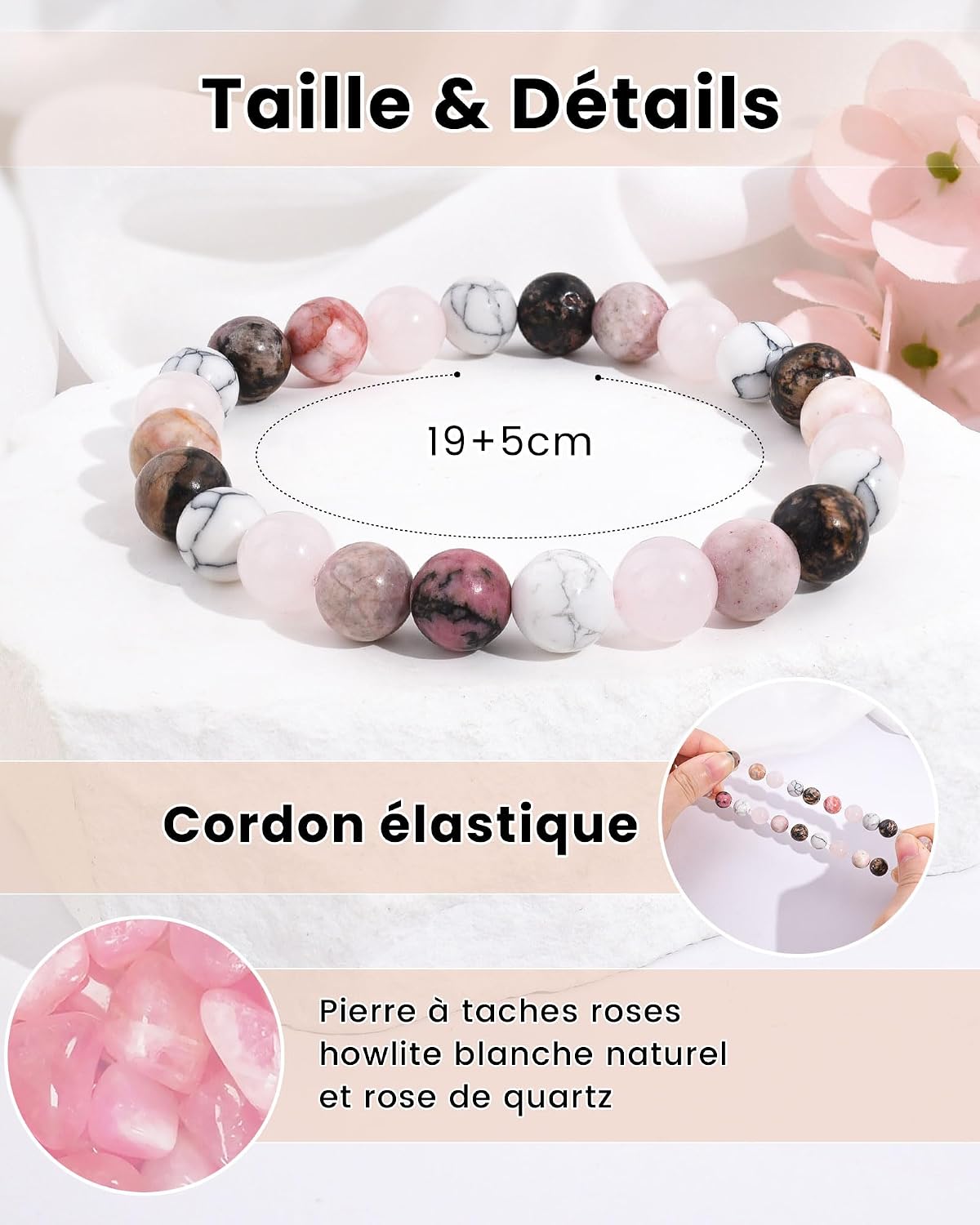 Detalle de Seyaa Bracelet Fête des Mères – Bracelet Pierre Naturelle Quartz Rose, Ajustable 19 cm, Cadeau pour Mère, Belle-Mère, Amie ou Sœur
