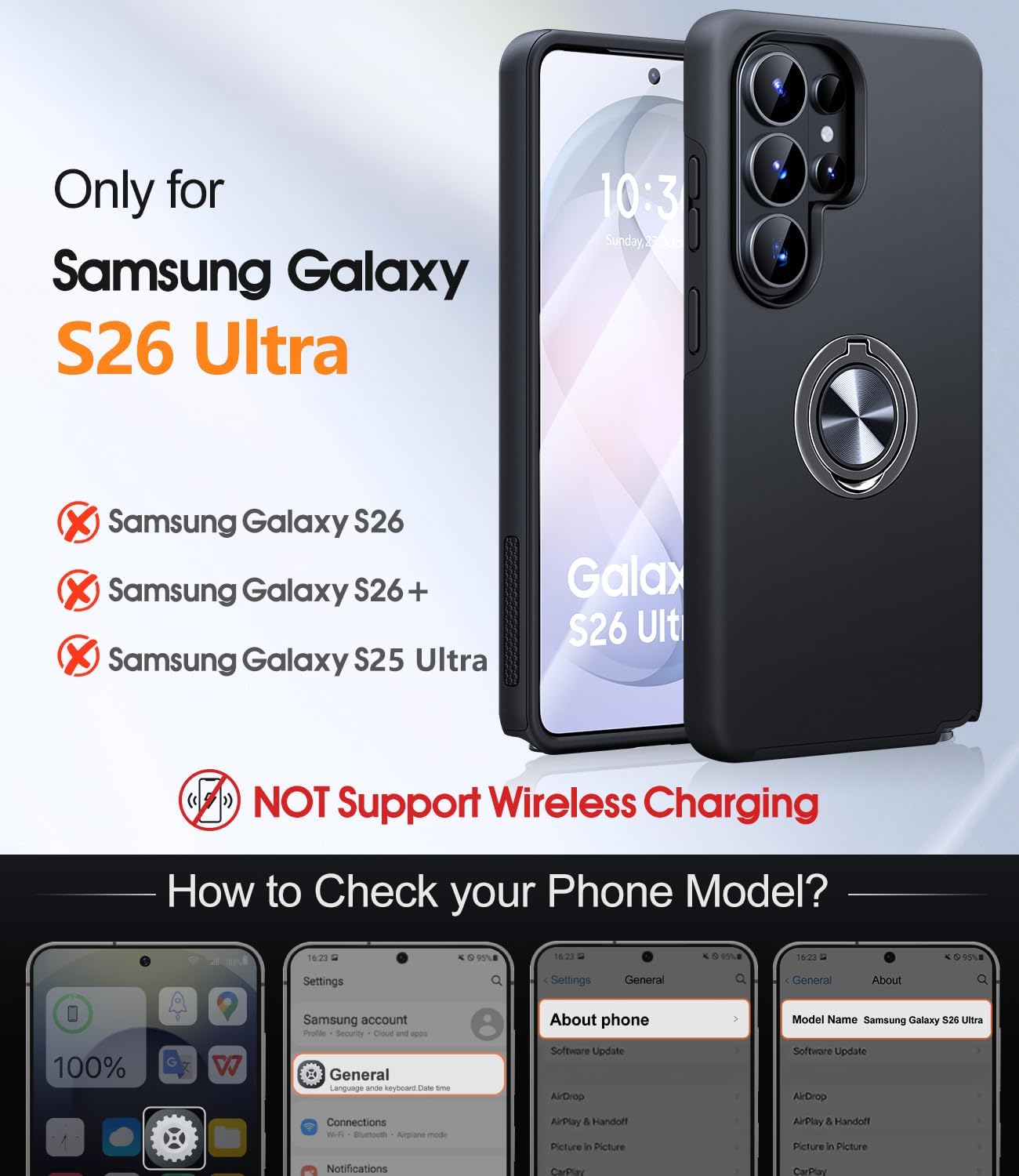 Detalle de AOUIA S26 Ultra Case with 2-Pack Screen Protectors and Rotating Ring Stand for Samsung Galaxy S26 Ultra