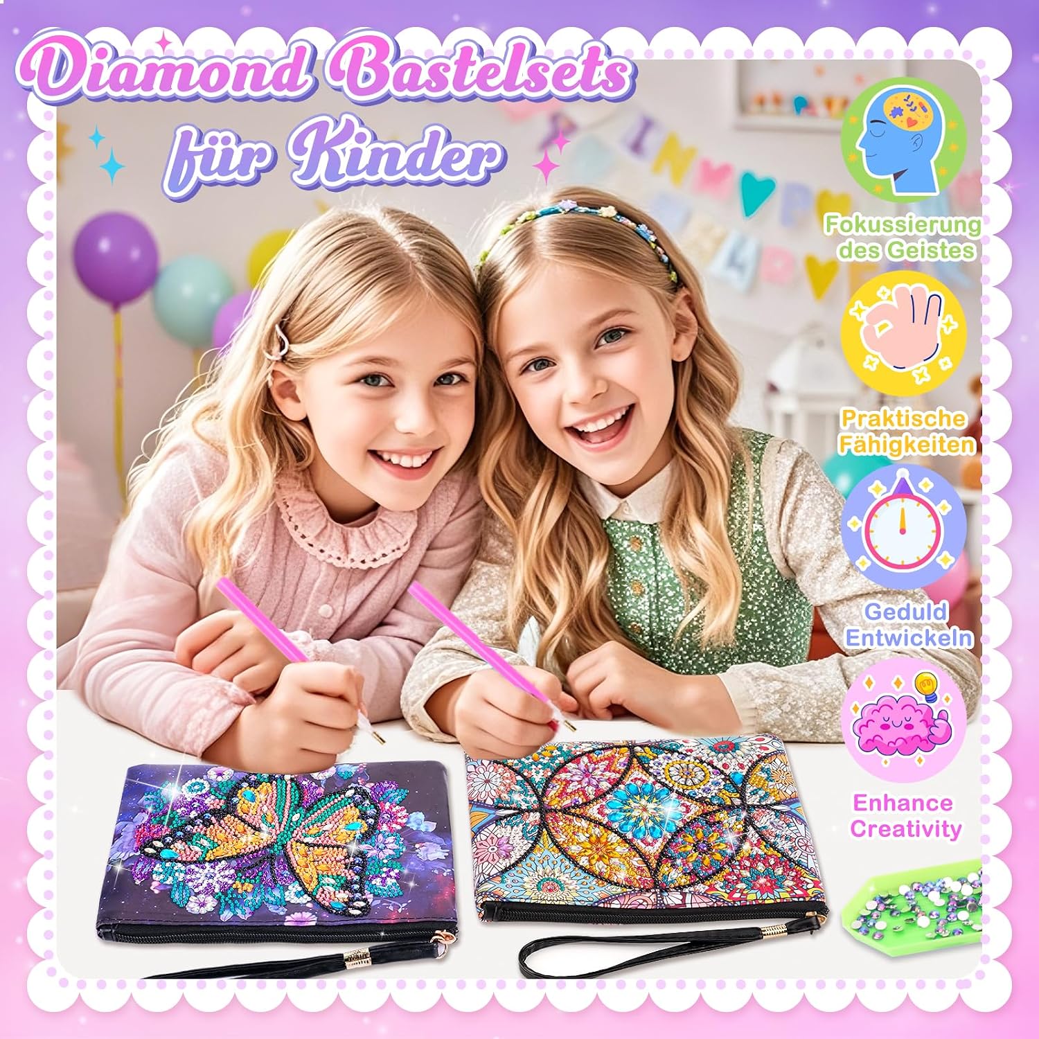 Detalle 2 de Flnlano Diamond Painting Bastelset für Mädchen (2 Stück) mit kleiner Kosmetiktasche – ab ca. 7–11 Jahren