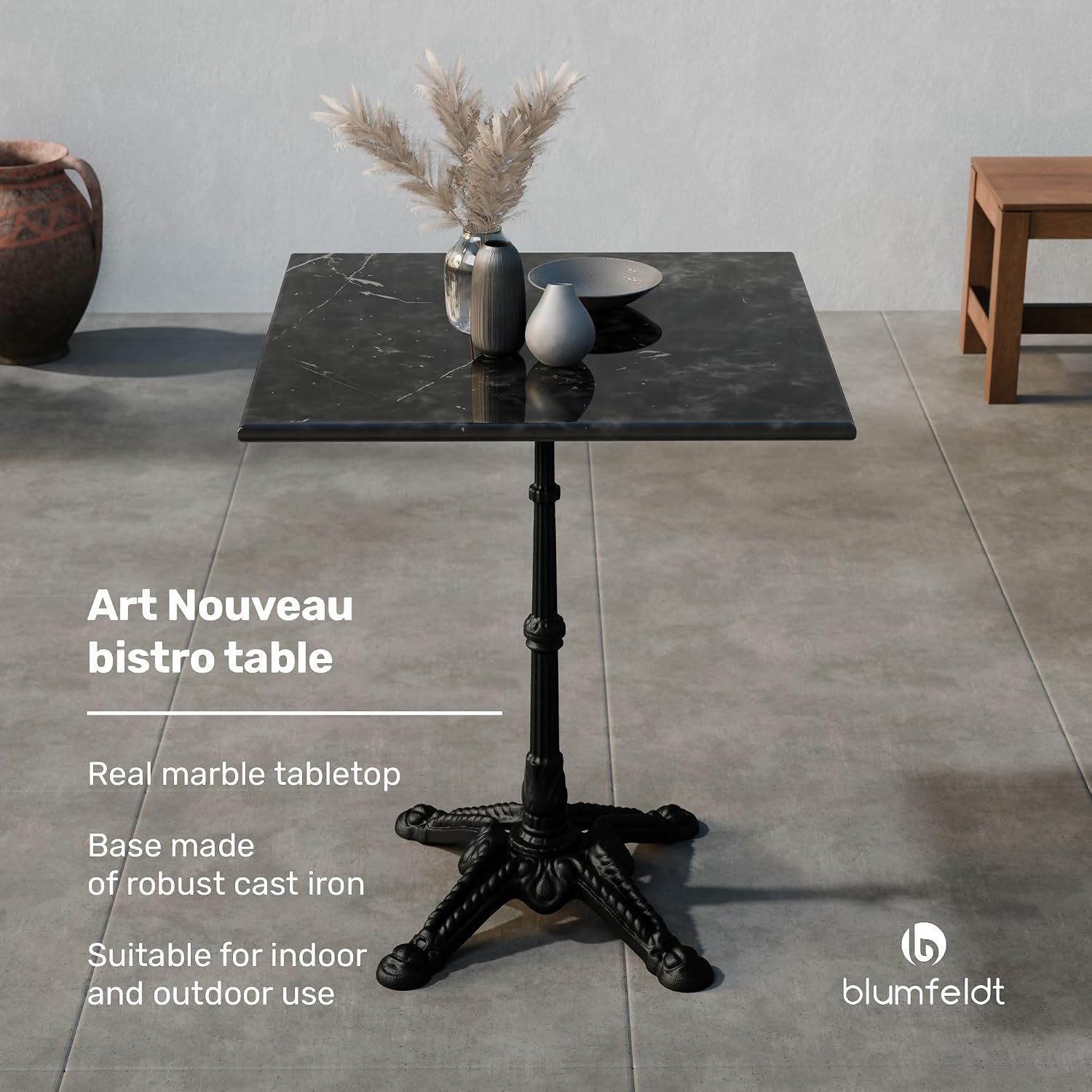 Detalle de blumfeldt Patras – kwadratowy stół bistro 60 × 60 cm, czarny marmur i żeliwna podstawa
