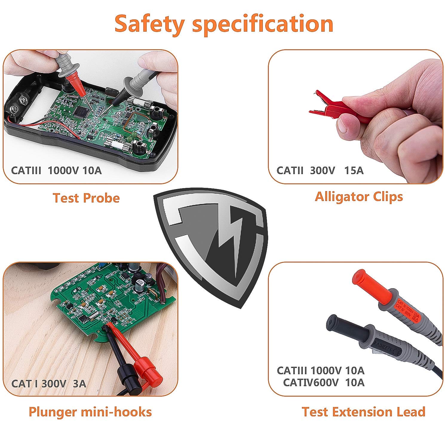 Detalle de KAIWEETS KET01 Multimeter Test Leads Kit (8 pieces) with alligator clips, needle probes and mini-hooks