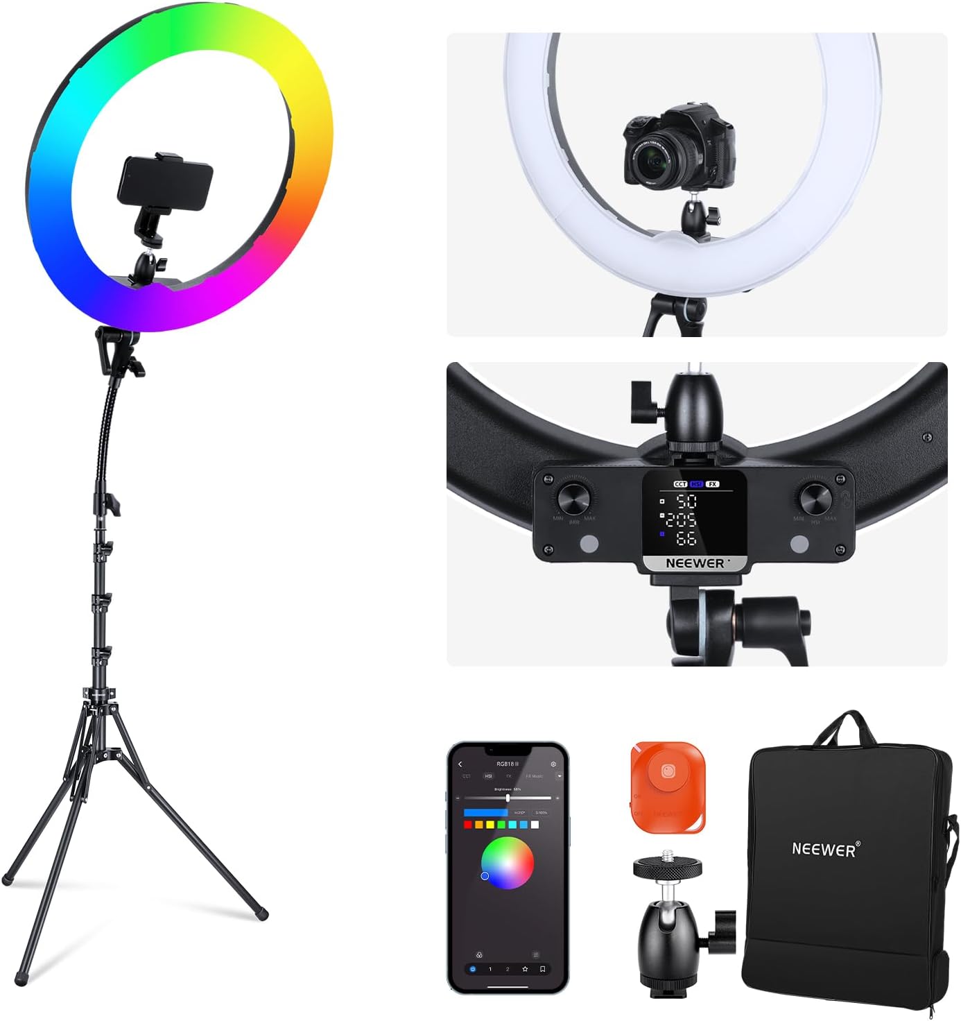 Detalle de NEEWER 18 Inch RGB LED Ring Light RGB18 II with APP Control, Tripod Stand & Phone Holder