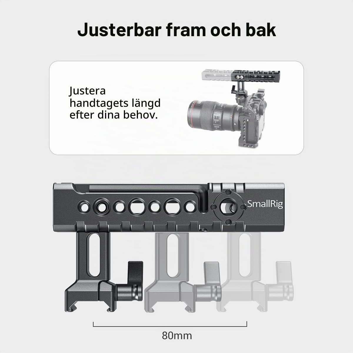 Detalle de SMALLRIG 1955 NATO-topphandtag med justerbar position och tillbehörsfästen