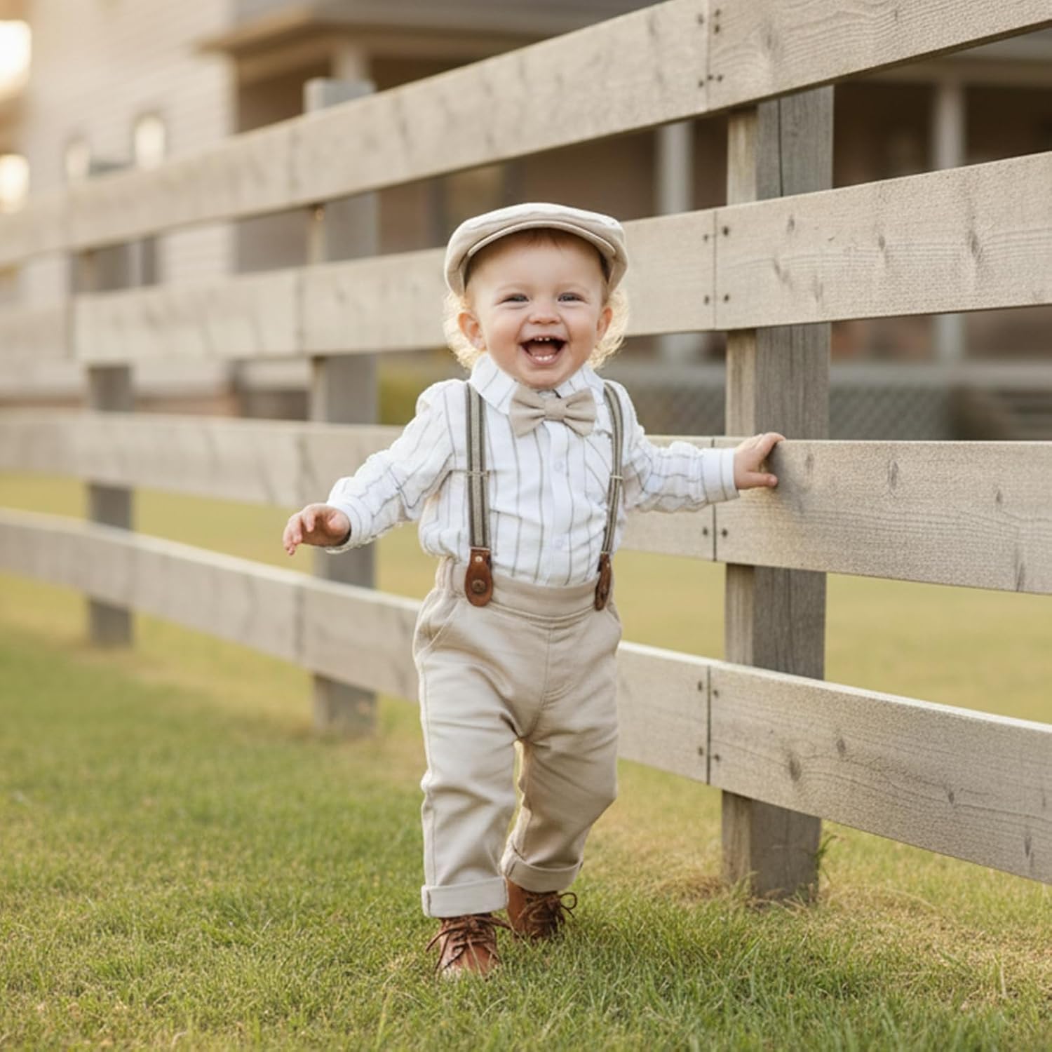 Thumbnail 1 de Volunoby Bébé Garçon Costume Gentleman 5 pièces : chemise + nœud papillon détachable + bretelles + pantalon + béret