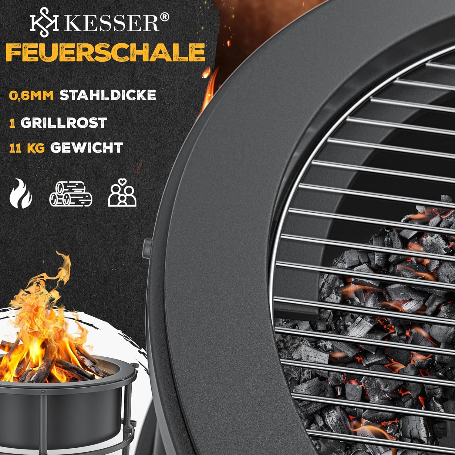Detalle 2 de KESSER Feuerschale mit Grillrost Ø65cm – robuste mobile Feuerstelle mit Grillmöglichkeit