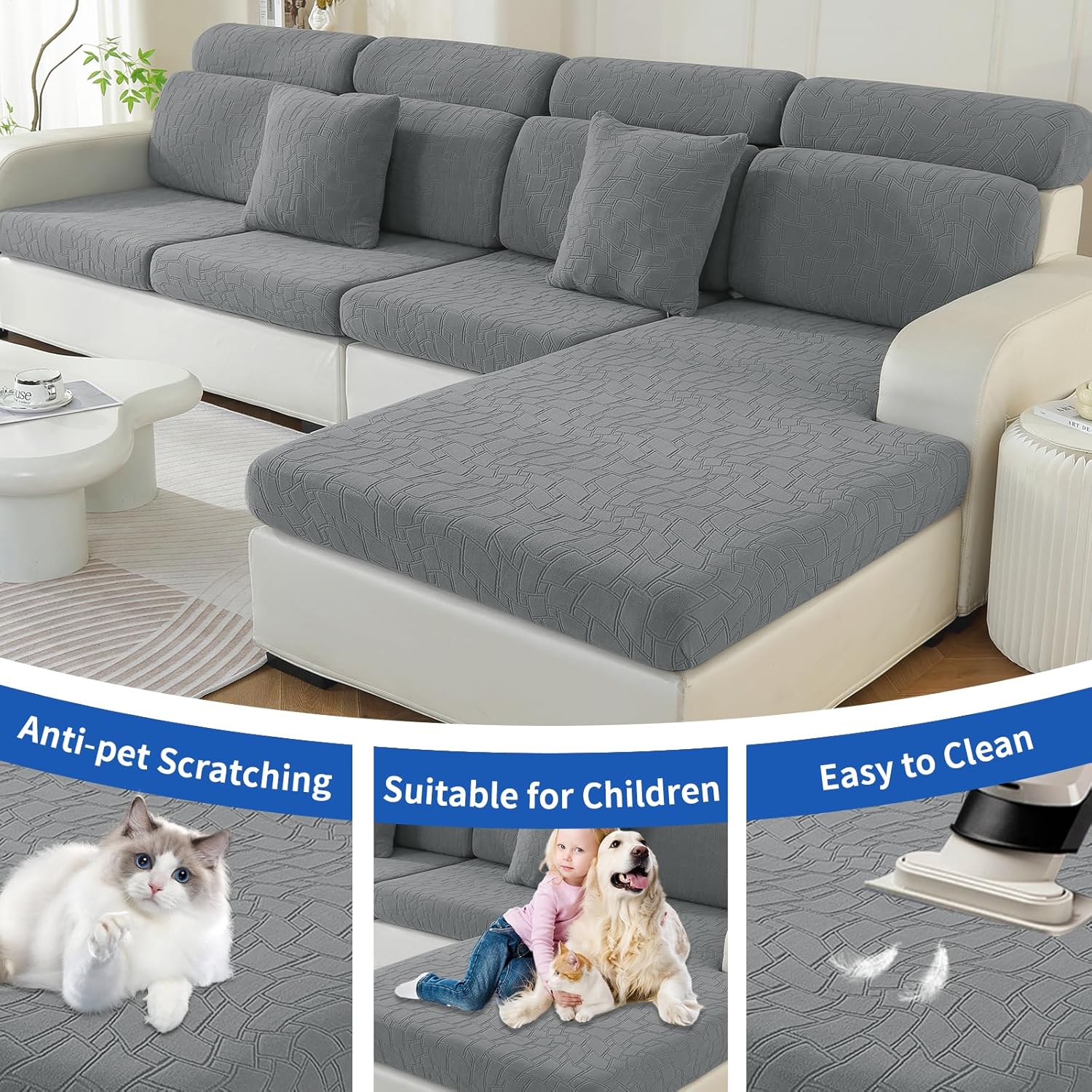 Thumbnail 6 de Ystyle Housse d’assise de canapé extensible universelle (1 place*3 + chaise longue), gris clair