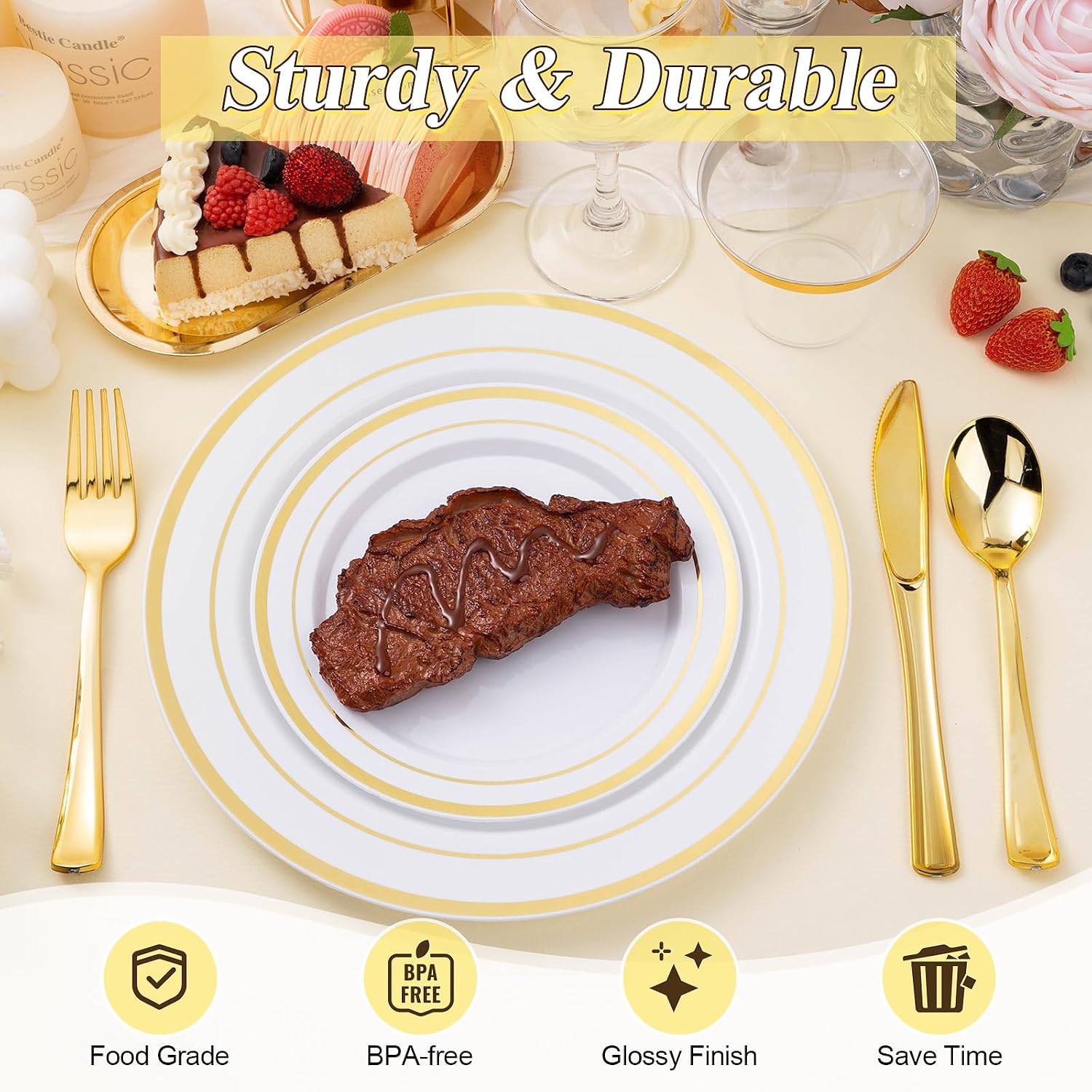 Detalle 2 de BESTSTAR Gold Plastic Plates Set 200pcs