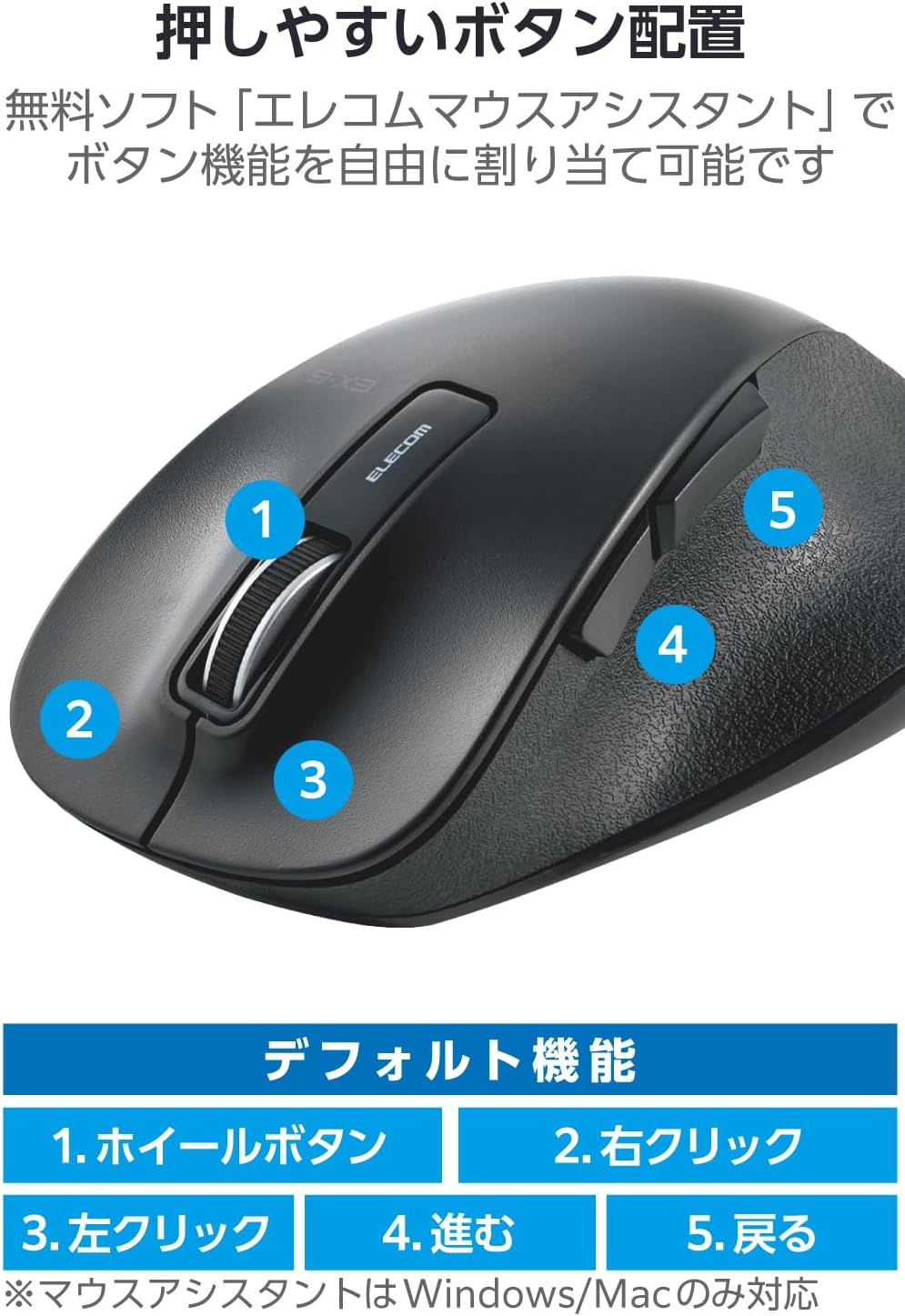 Detalle de エレコム M-XGL10DBSBK ワイヤレスマウス Lサイズ 5ボタン・静音・BlueLED