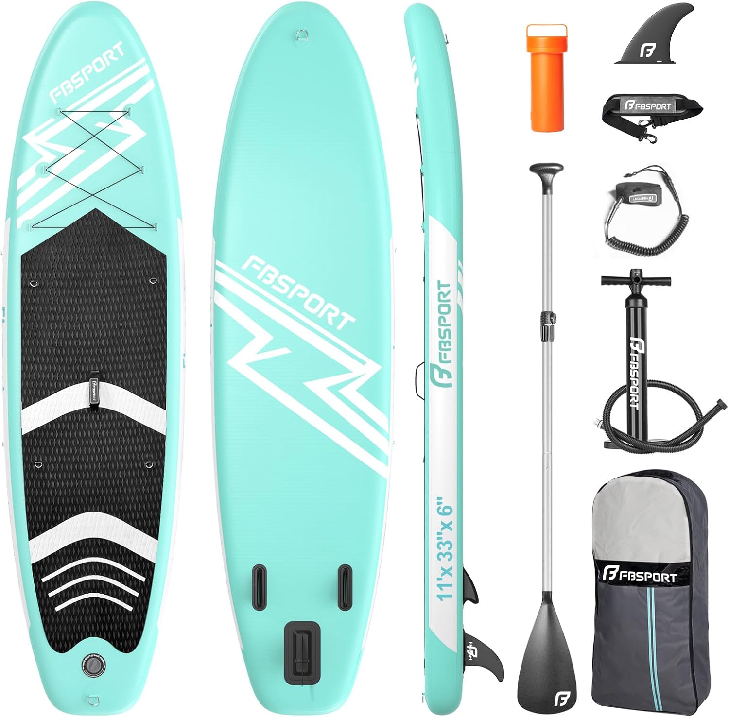 FBSPORT 11' Premium Stand Up Paddle Board (Inflatable) with Yoga Deck, Leash, Paddle, Pump & Carry Bag