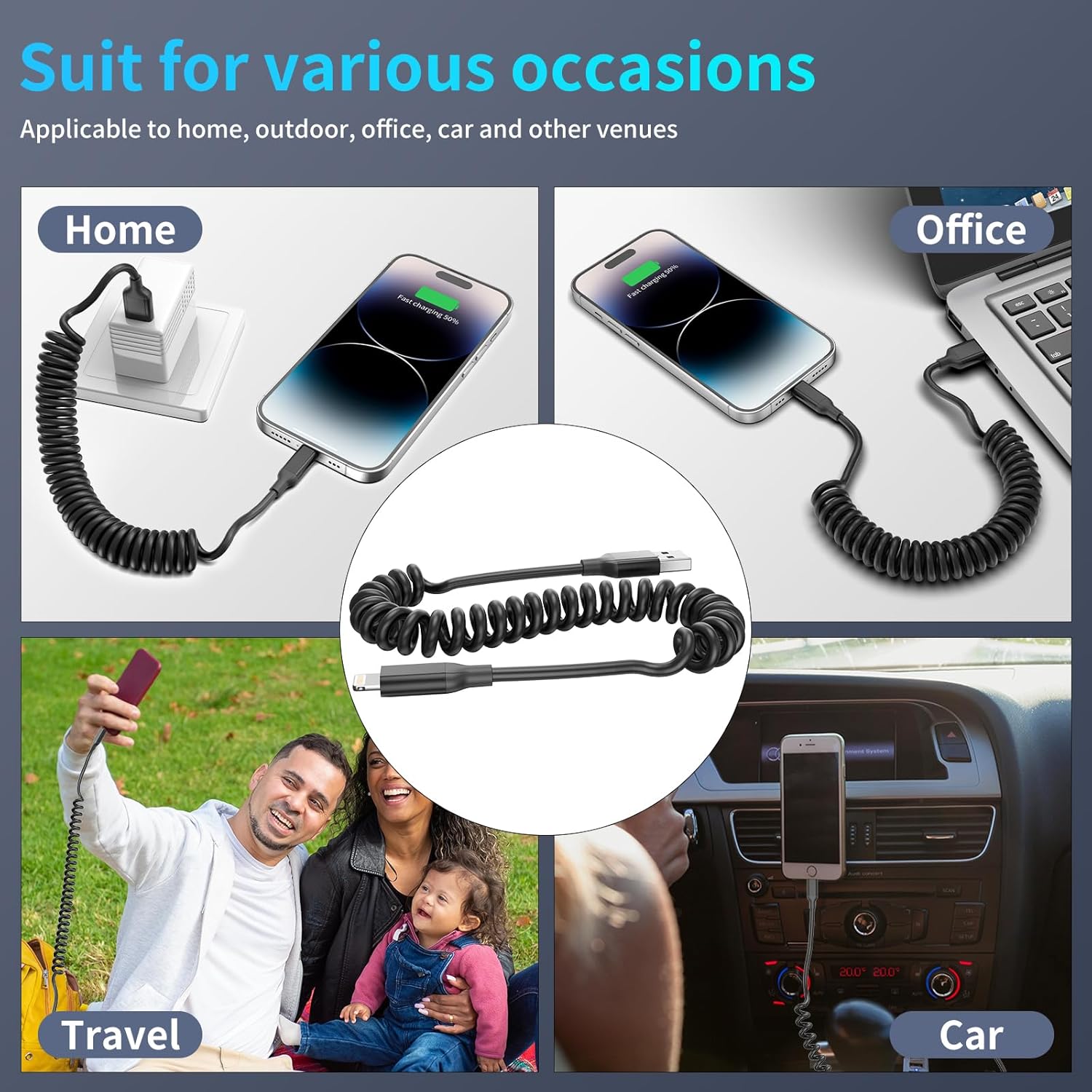 Detalle 2 de Spiralkabel USB Lightning Kabel Kurz, 2er Pack – MFi zertifiziert, einziehbares Lightning-Kabel für Auto und unterwegs
