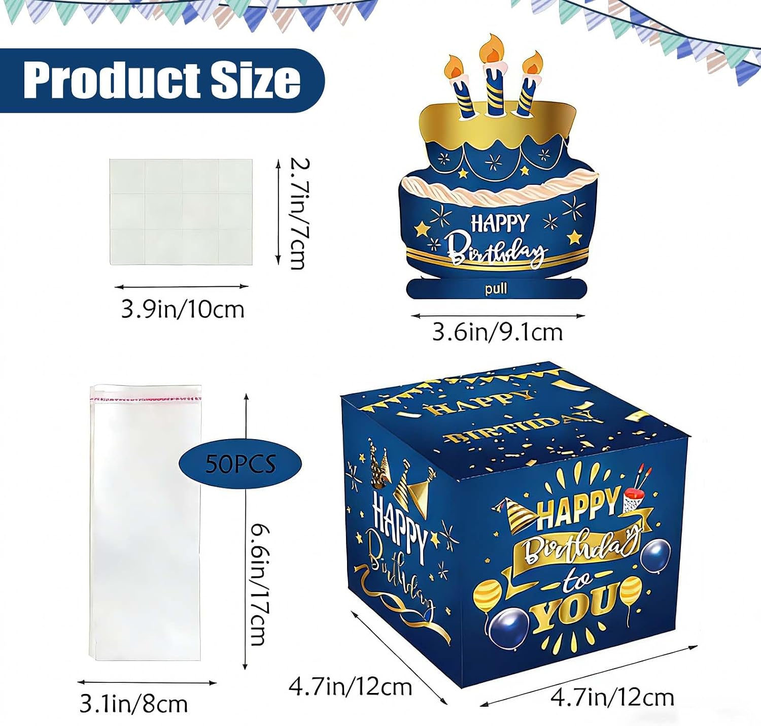 Detalle de Surprise Birthday Money Box Cash Gift Pull (Black) – 50 Transparent Pouches