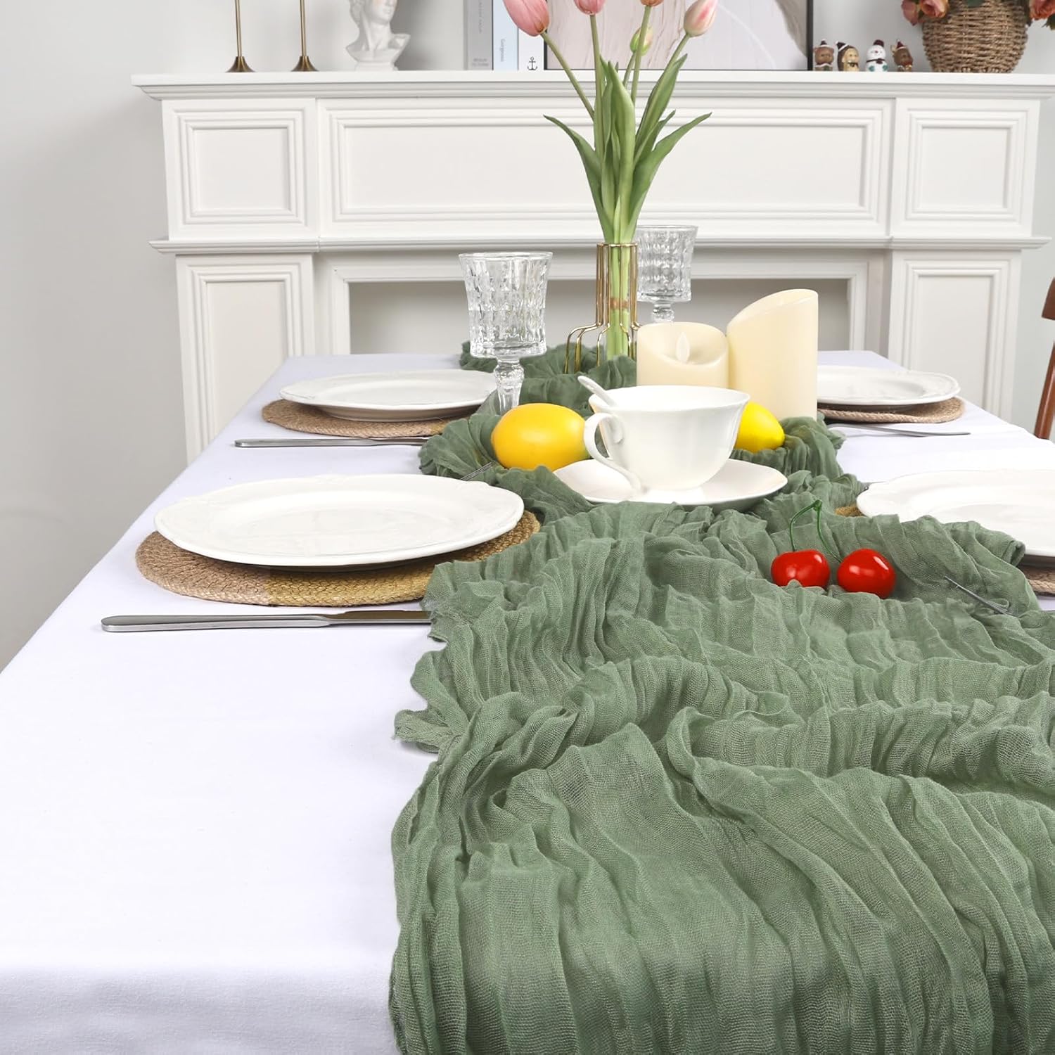 Detalle de pepmily 8 Pack Sage Green Cheesecloth Table Runner (23 x 120 Inch) – Rustic Boho Decor for Weddings, Parties, and Home Use