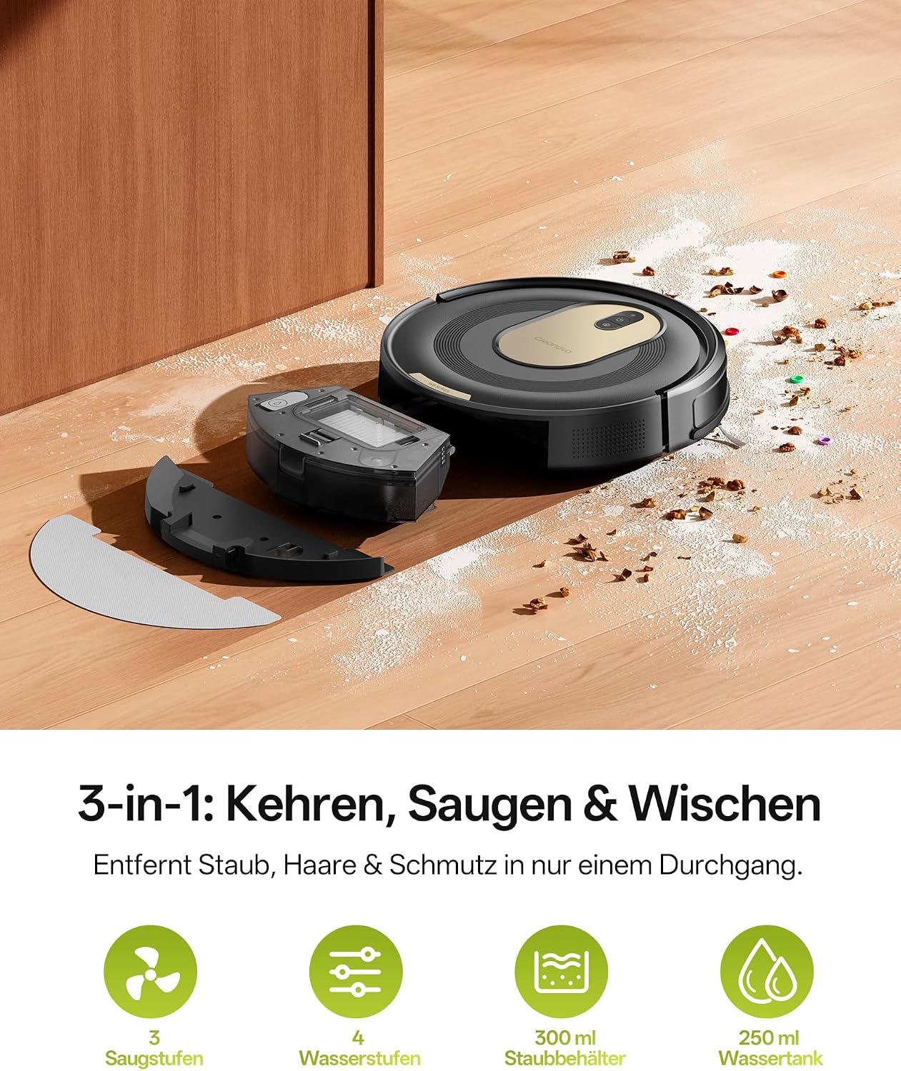 Detalle de Vexilar W8 Saugroboter mit Wischfunktion – 2600Pa, 130 Minuten Laufzeit, Gyroskop-Navigation