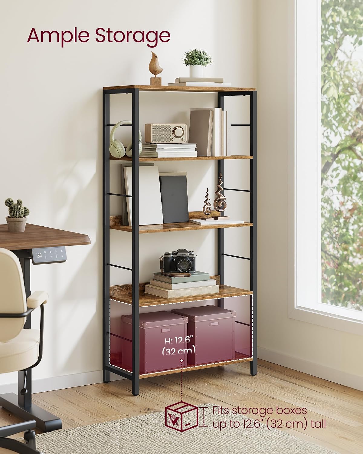 Detalle de VASAGLE BARNET LLS117B01 5-Tier Bookcase with Back Panels, 60 x 30 x 144 cm