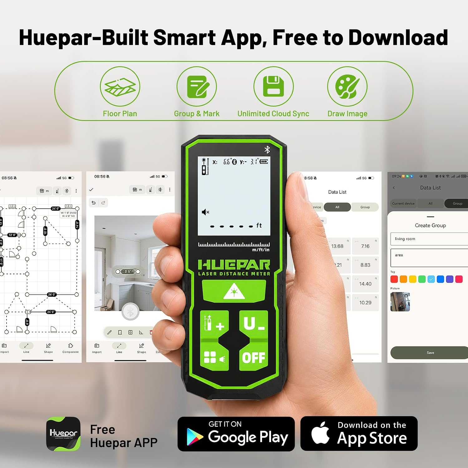 Detalle 2 de Huepar S120G-BT Green Laser Distance Measurer with Bluetooth and Angle Sensor