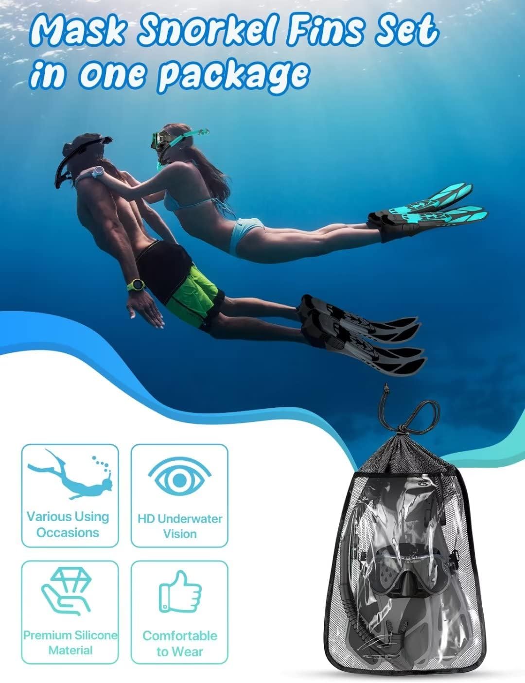 Detalle de Zenoplige Mask Fins Snorkel Set: Panoramic Mask, Dry-Top Snorkel & Adjustable Fins
