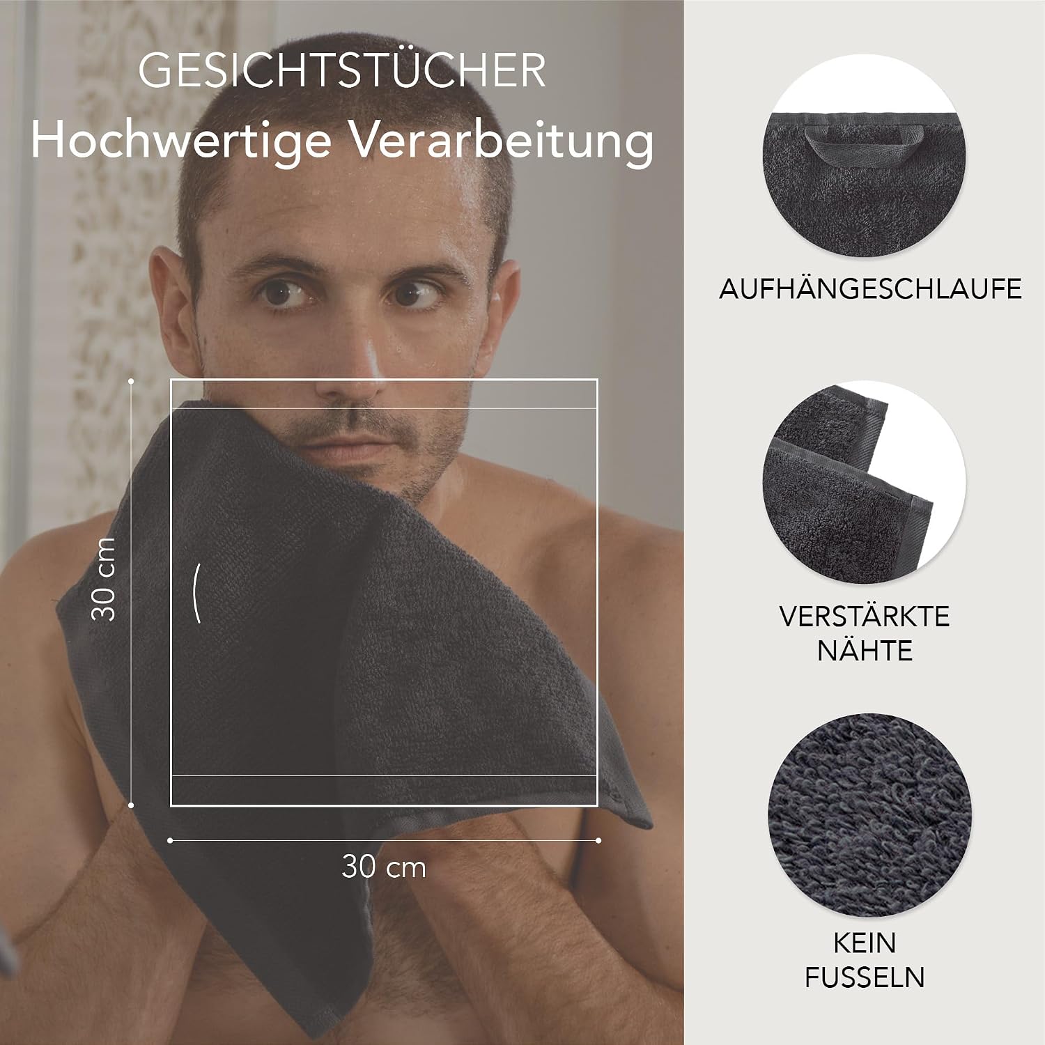 Detalle de Ôhm 5er-Set Handtücher 30x30 cm – 100% Baumwolle Frottee, Dunkelgrau