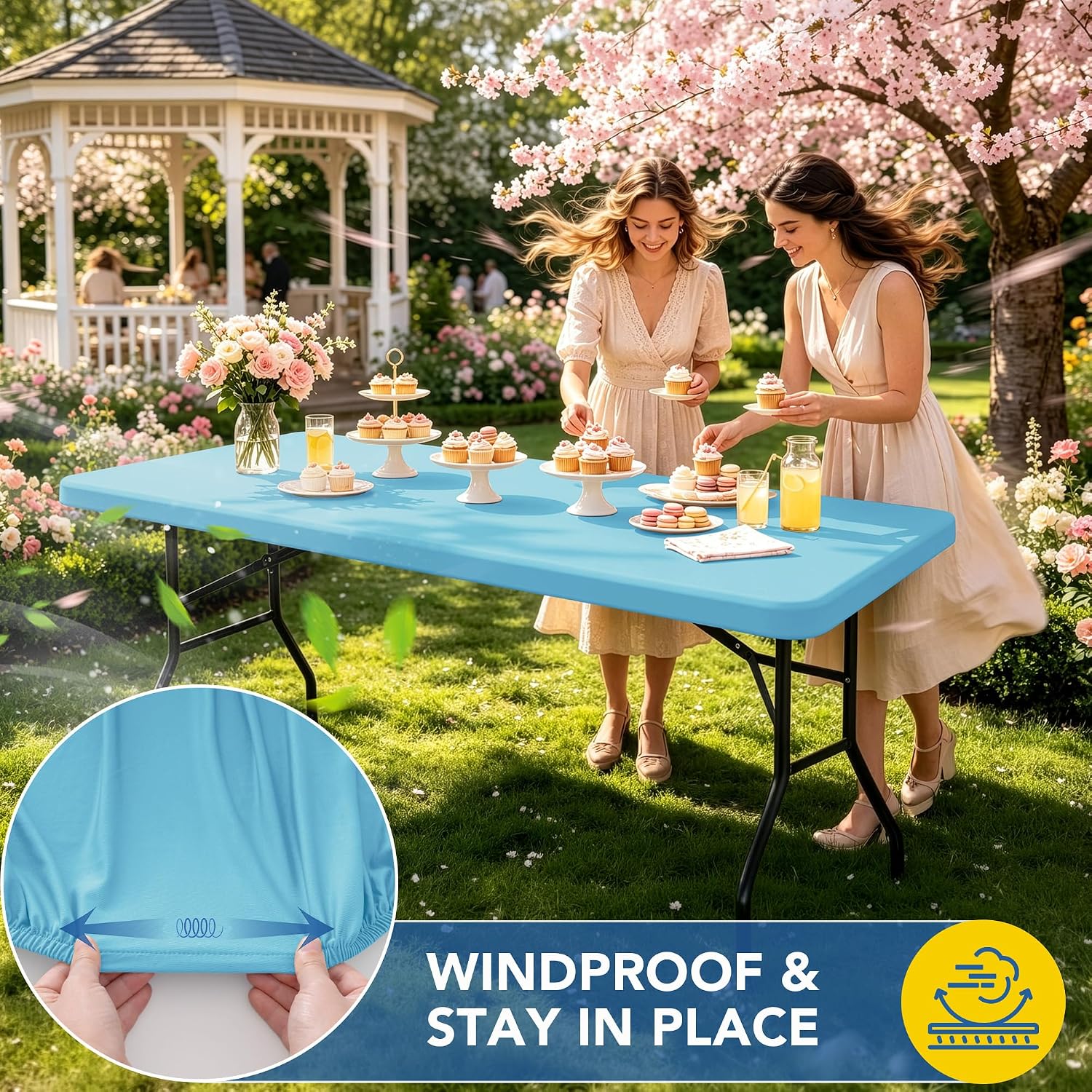 Detalle de Enjoyidea 6-Foot Spandex Table Covers (6-Pack) — Light Blue, Elastic Fitted Rectangular Tablecloths