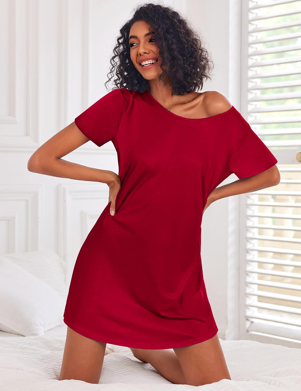 Detalle de Ekouaer 3-Pack Women’s Nightgowns, Short-Sleeve with Three Styles