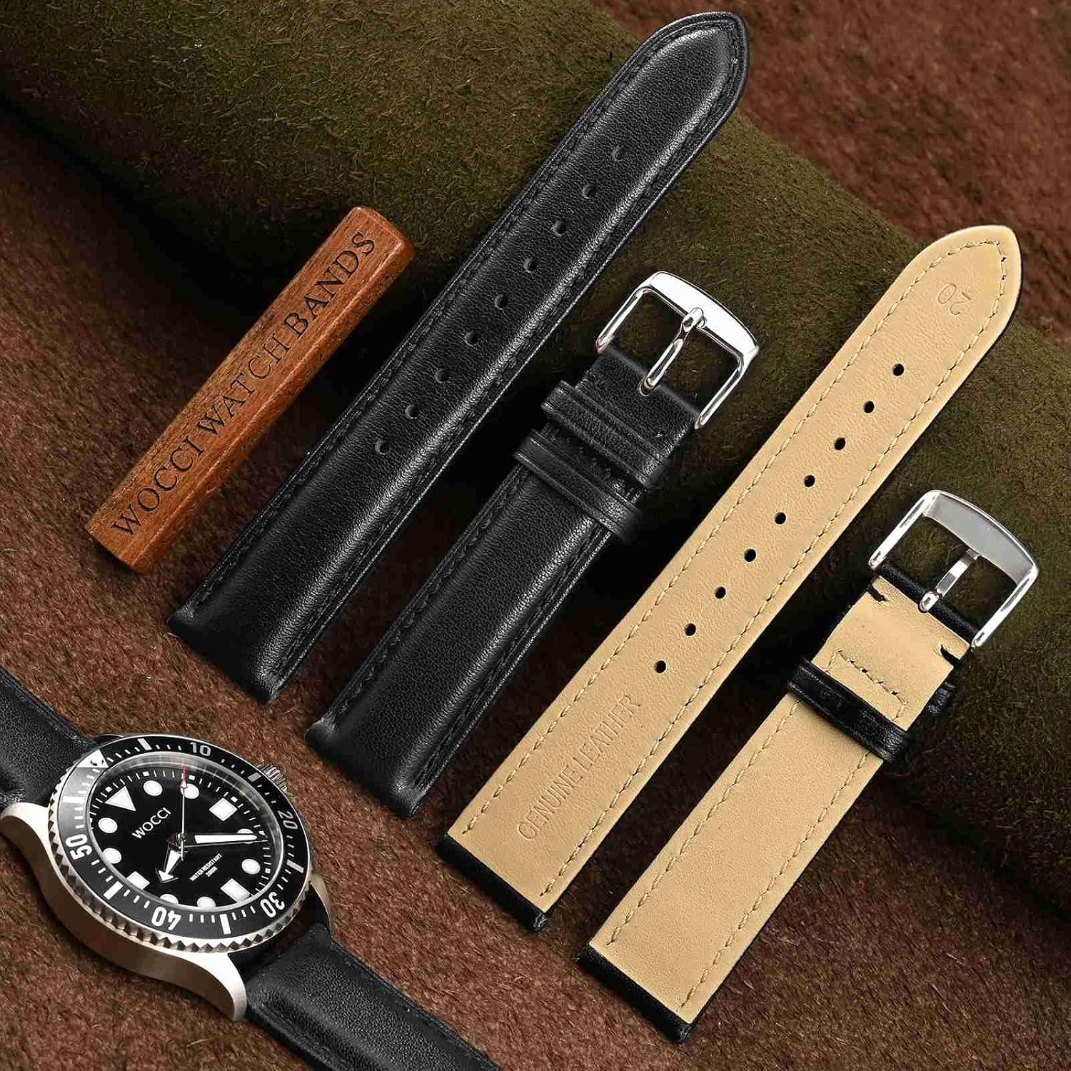 Detalle de WOCCI Vintage Leder-Uhrenarmband mit Edelstahl-Schnalle, 14–24 mm – hochwertiges Ersatzarmband für Damen