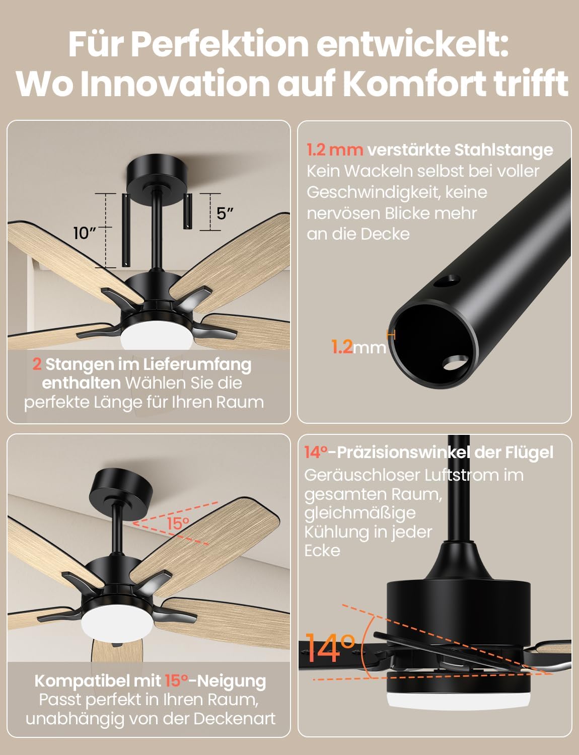 Thumbnail 6 de Mefine Deckenventilator mit Beleuchtung und Fernbedienung – 106 cm, leise, 5 Holzflügel, schwarz