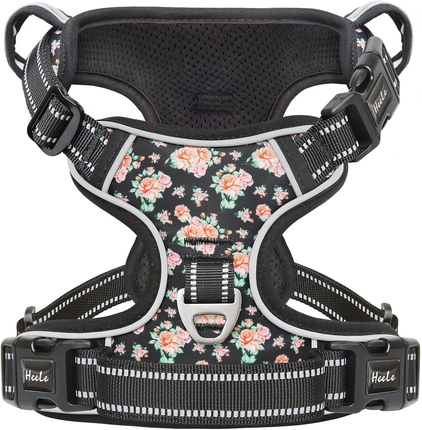 Detalle de HEELE No-Pull Dog Harness Small (Size S) – Floral-Black, Reflective, Front & Back Leash Rings