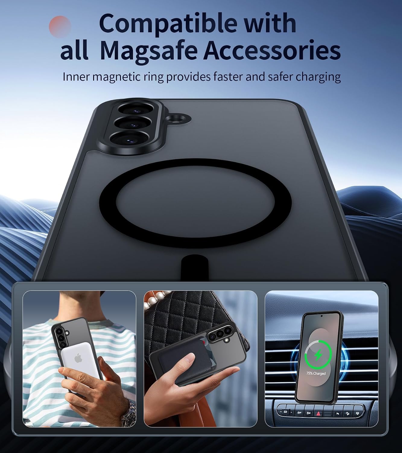 Thumbnail 1 de Opkiegrn MagSafe-compatible case for Samsung Galaxy S25 FE 5G with 2 HD tempered glass screen protectors (Black)