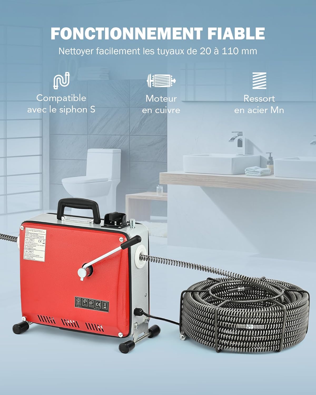 Thumbnail 3 de ZELCAN Machine de Nettoyage de Tube Électrique 400W – Déboucheur à axe et 20 m de spirale