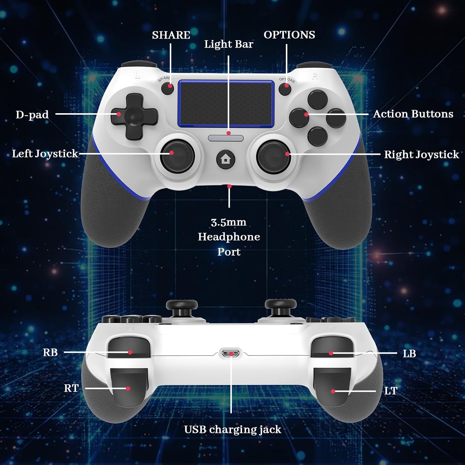 Detalle de Wireless Controller for PS4 (White/Blue) — Multi-Platform Compatibility, Turbo, Built-in Speaker
