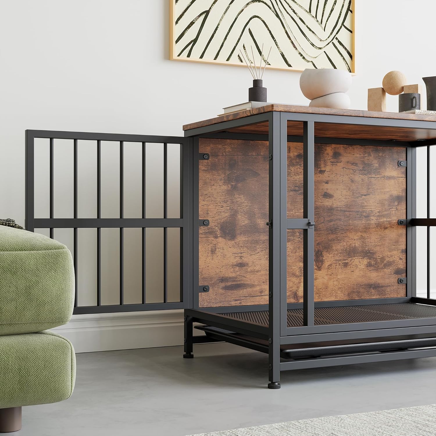 Detalle de BORPHOM 32.68" Wooden Dog Crate Furniture – Large indoor kennel with 2 doors and removable tray
