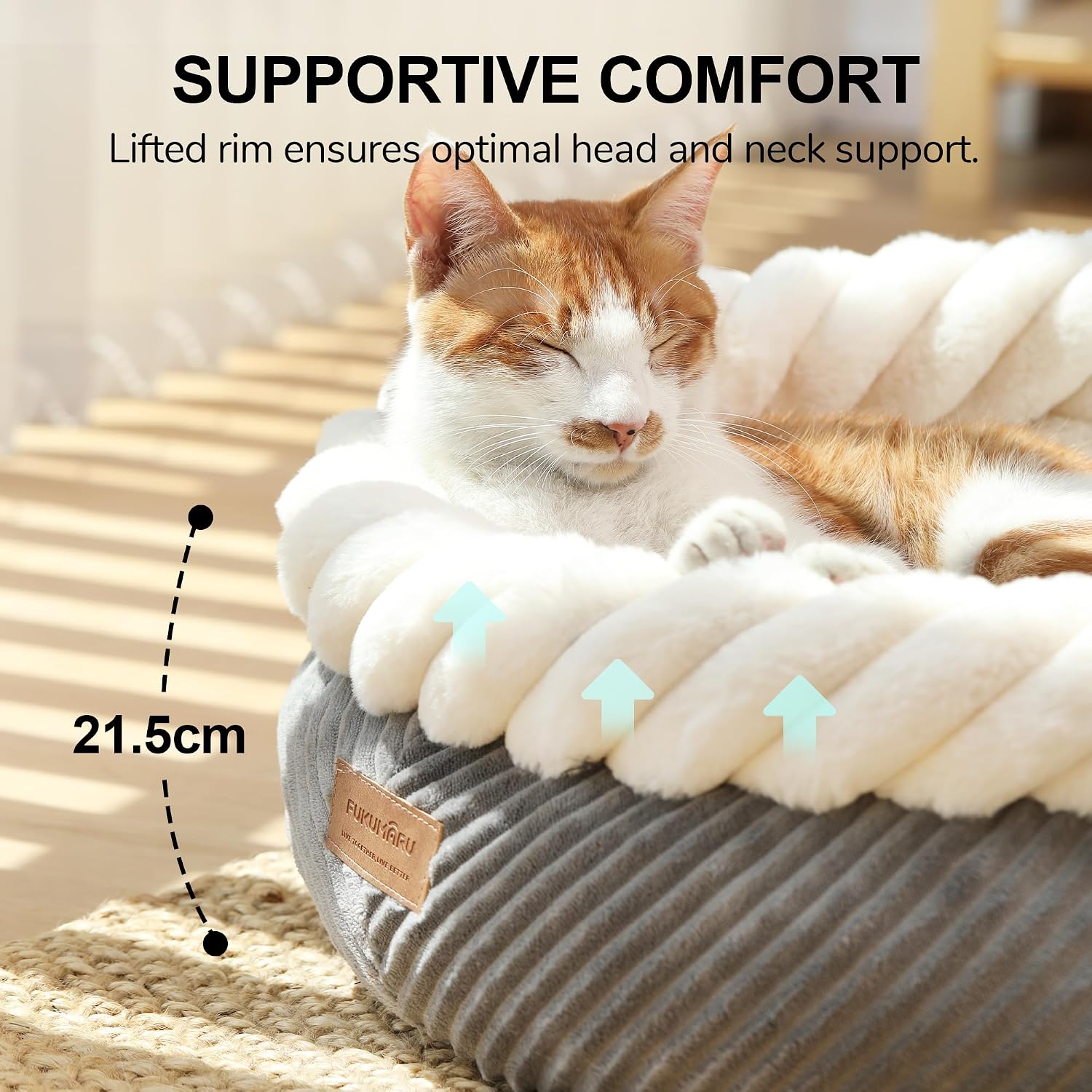 Detalle de FUKUMARU Washable Round Cat Bed with Anti-Slip Bottom, 53 cm – Grey