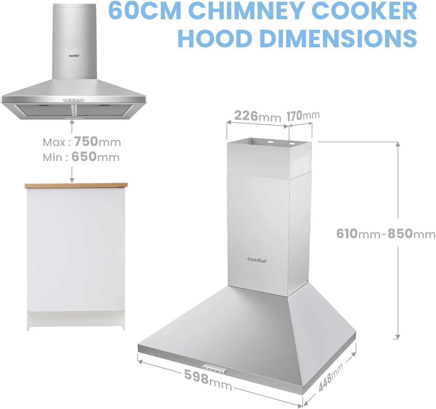 Detalle de COMFEE' 60cm Chimney Cooker Hood (A++), 400 m³/h, Dual Extraction Modes