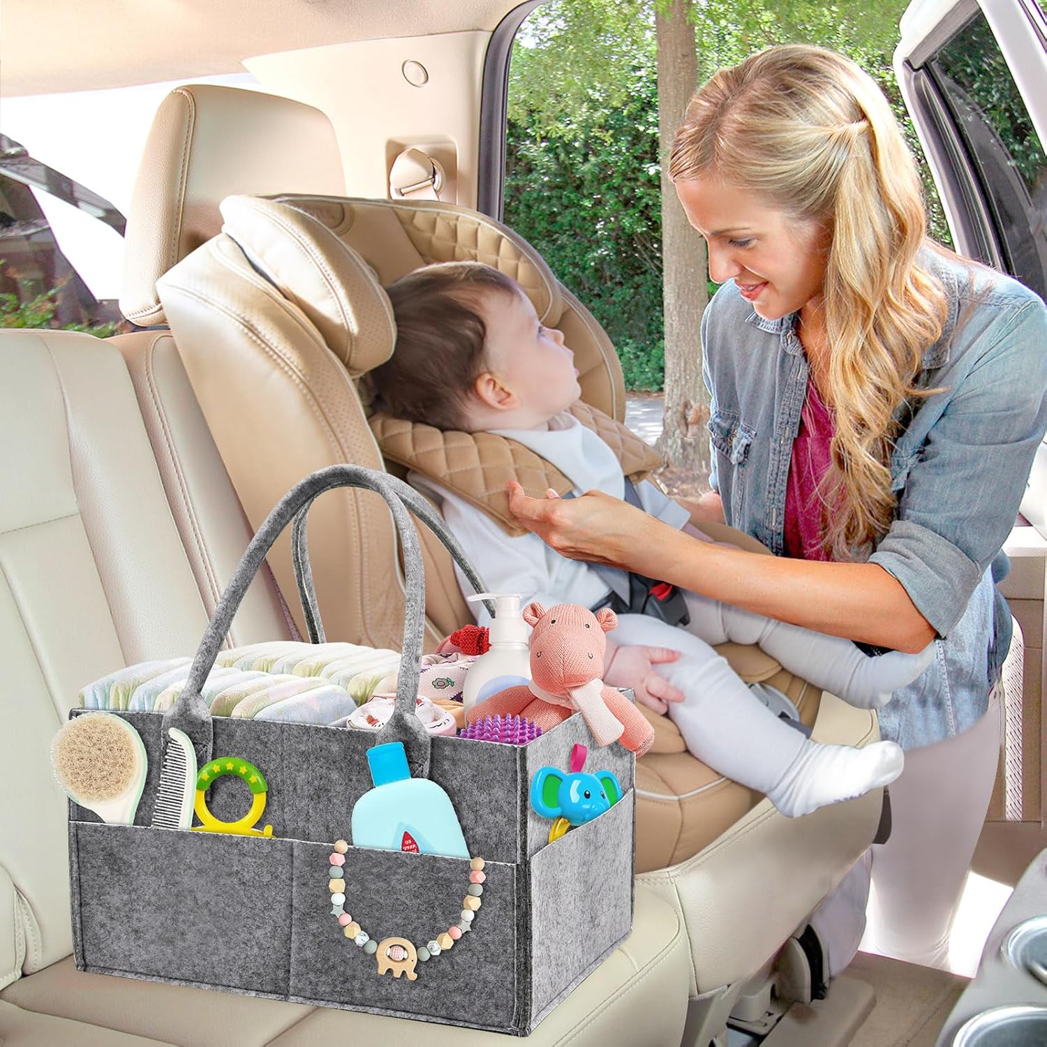 Thumbnail 5 de Yueshop Grey Felt Baby Diaper Caddy Nursery Storage & Wipes Bag (Dark Grey) – Felt nappy organiser