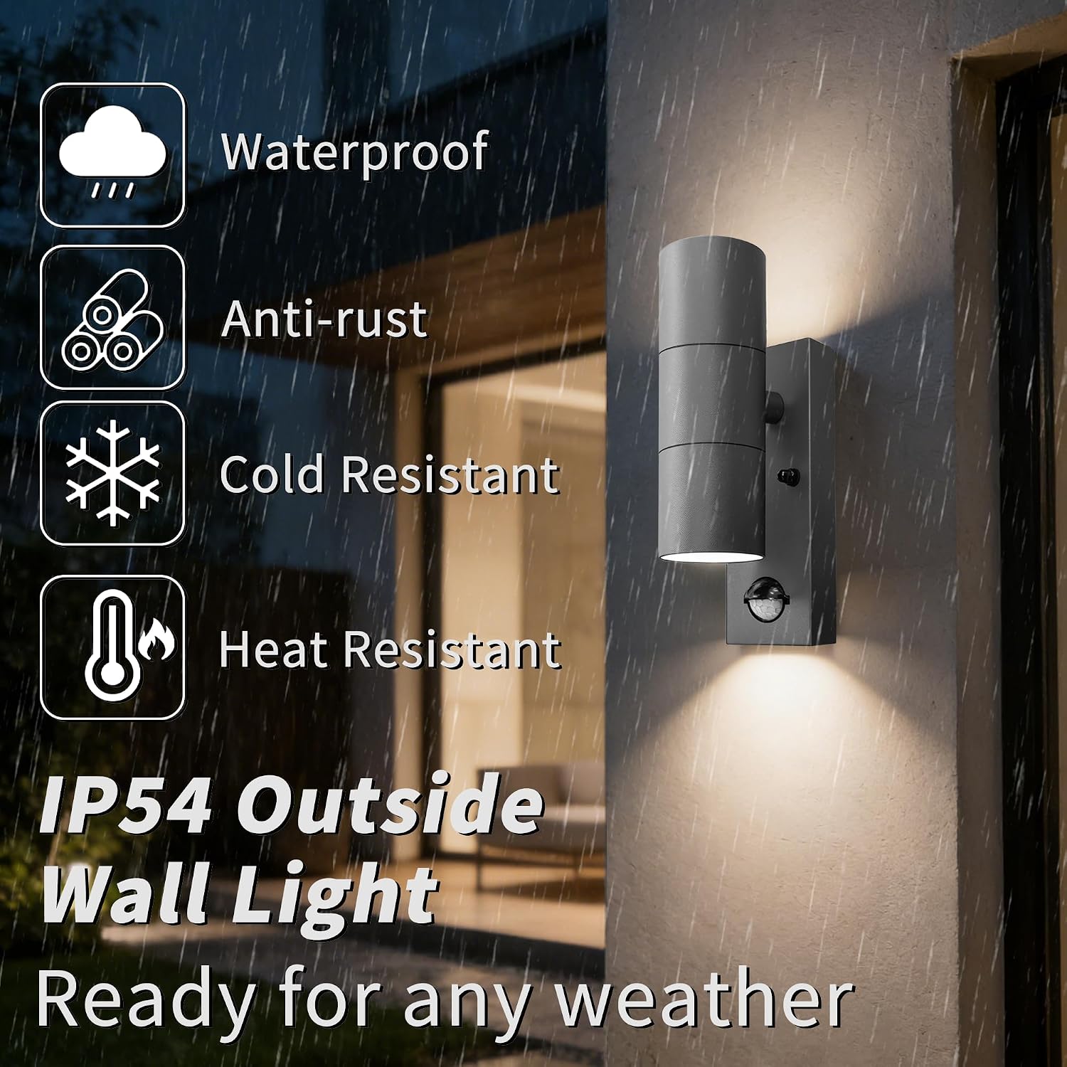 Detalle de YOVGQOLV Motion Sensor Outdoor Wall Lights: Up & Down, 2x5W GU10, Stainless Steel, IP54, Anthracite