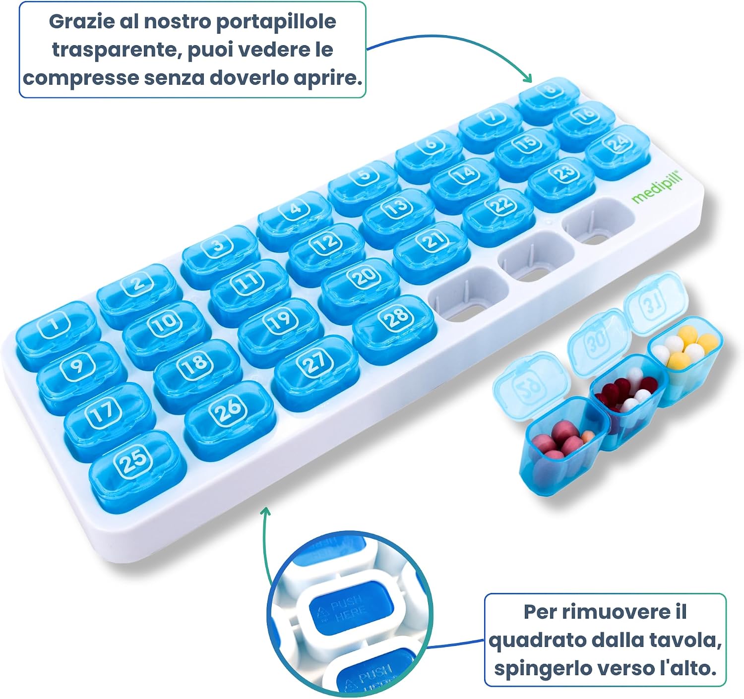 Thumbnail 3 de MEDIPILL MED-M31-B: Portapillole mensile e settimanale con 31 scomparti, compatto e BPA-free