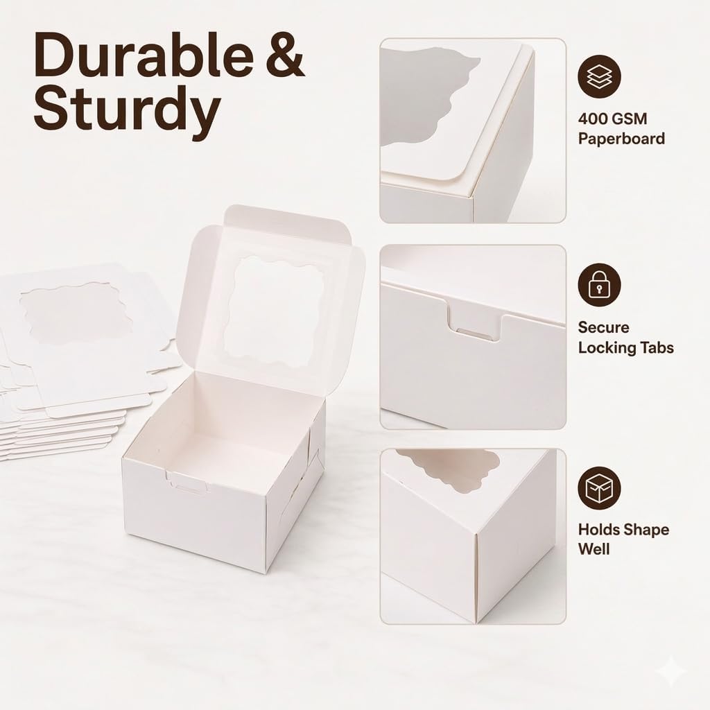 Detalle 1 de uprinacc 6 x 6 x 3 in Bakery Boxes with Window, Stickers, White Paperboard