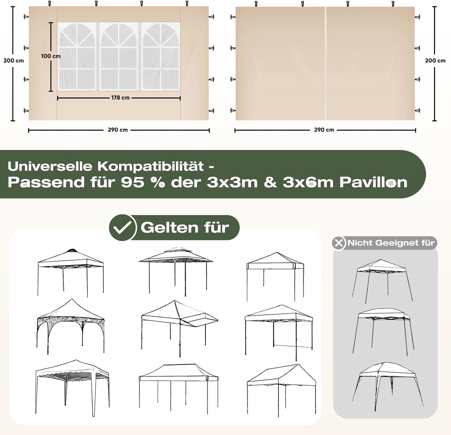 Detalle de Sekey 2-teiliges Seitenwand-Set für Pavillon 3x3 m (wasserdicht, winterfest) – mit 1 Fenster & 1 Tür