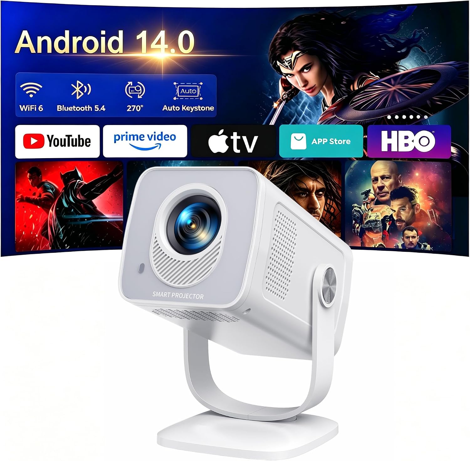 Detalle de TOPTRO Mini Portable Projector (Built-in Android 14) – Ultra Short Throw, 1080P with 4K Support